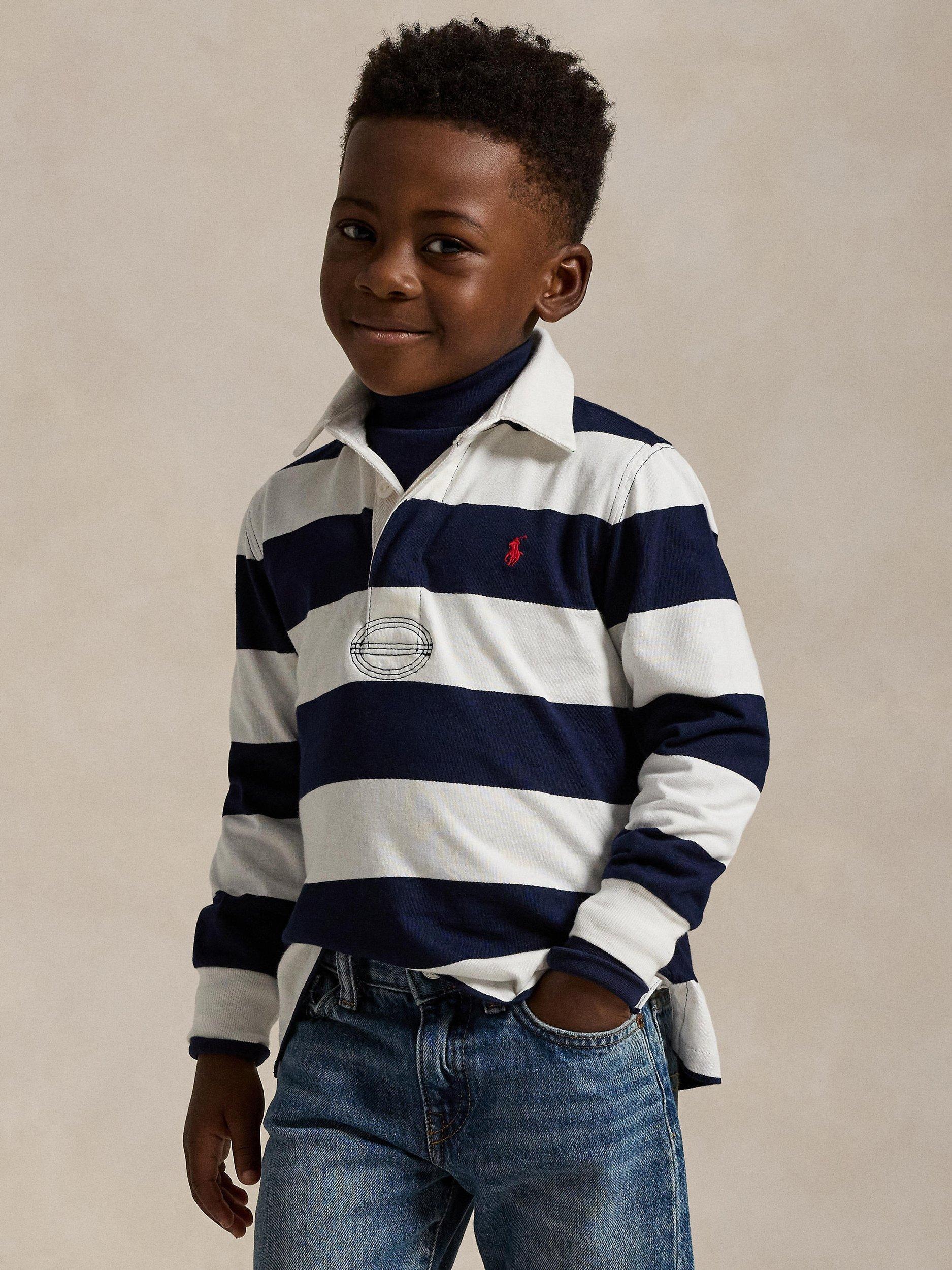 Kids' Long Sleeve Rugby Shirt, White/Navy