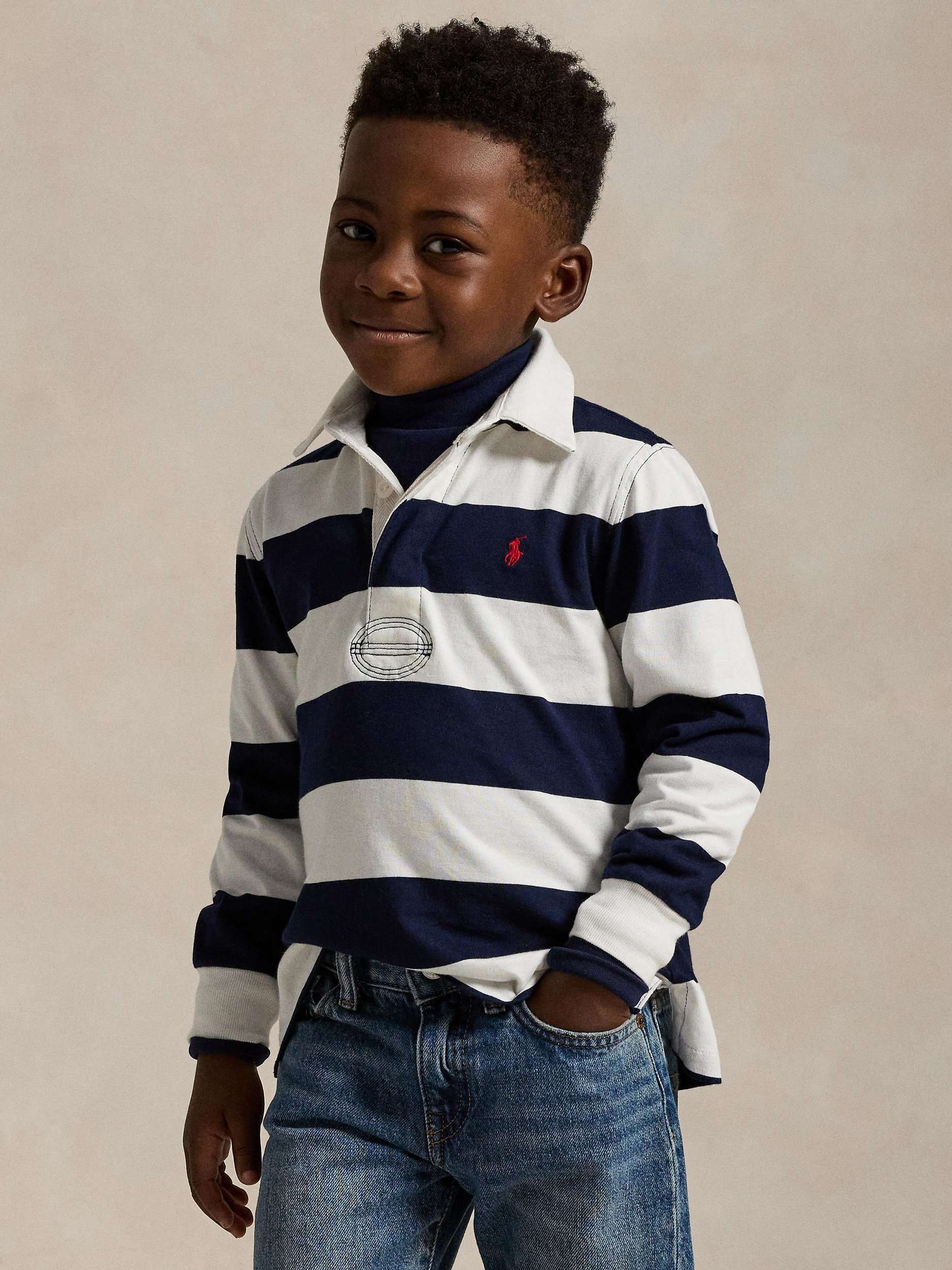 Kids' Long Sleeve Rugby Shirt, White/Navy