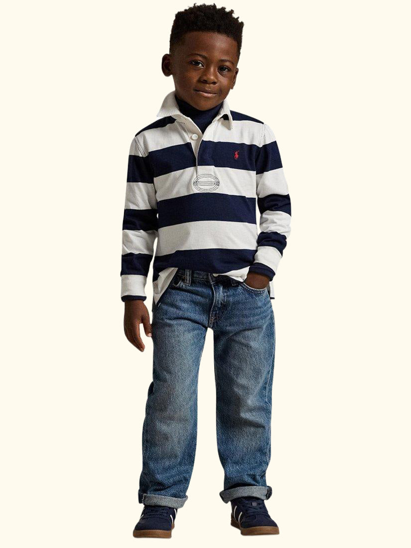 Kids' Long Sleeve Rugby Shirt, White/Navy