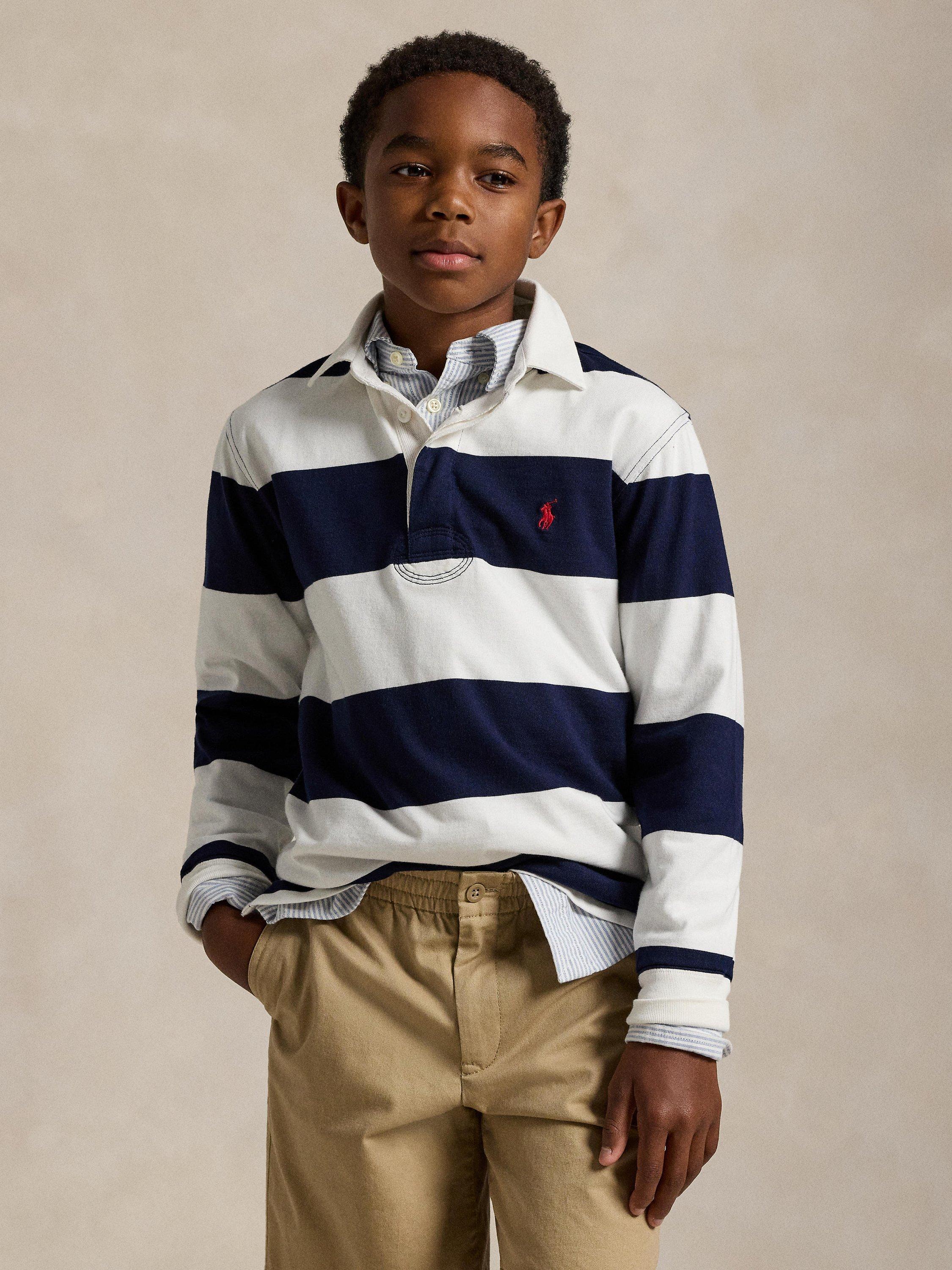 Kids' Long Sleeve Rugby Shirt, White/Navy