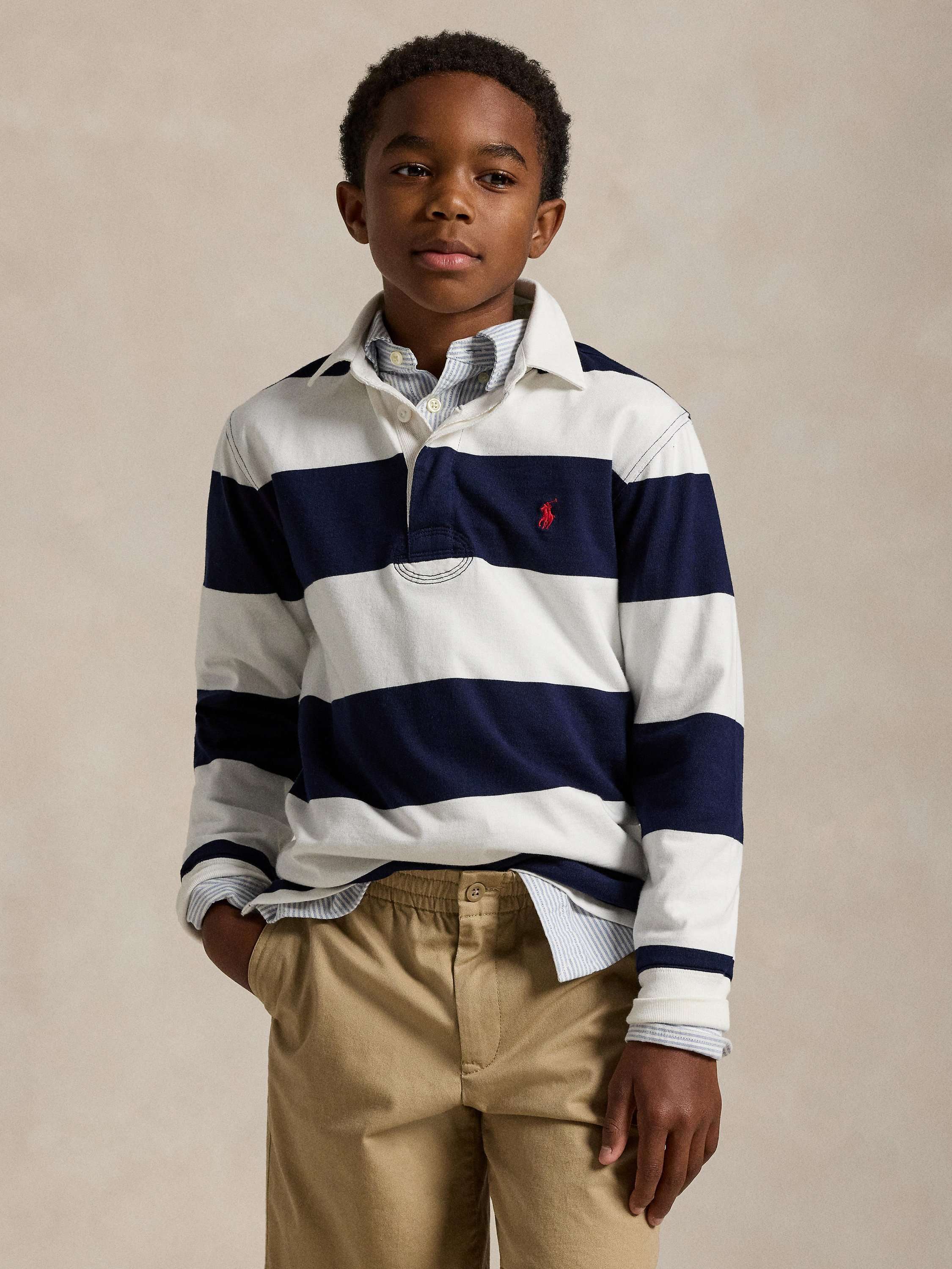 Kids' Long Sleeve Rugby Shirt, White/Navy