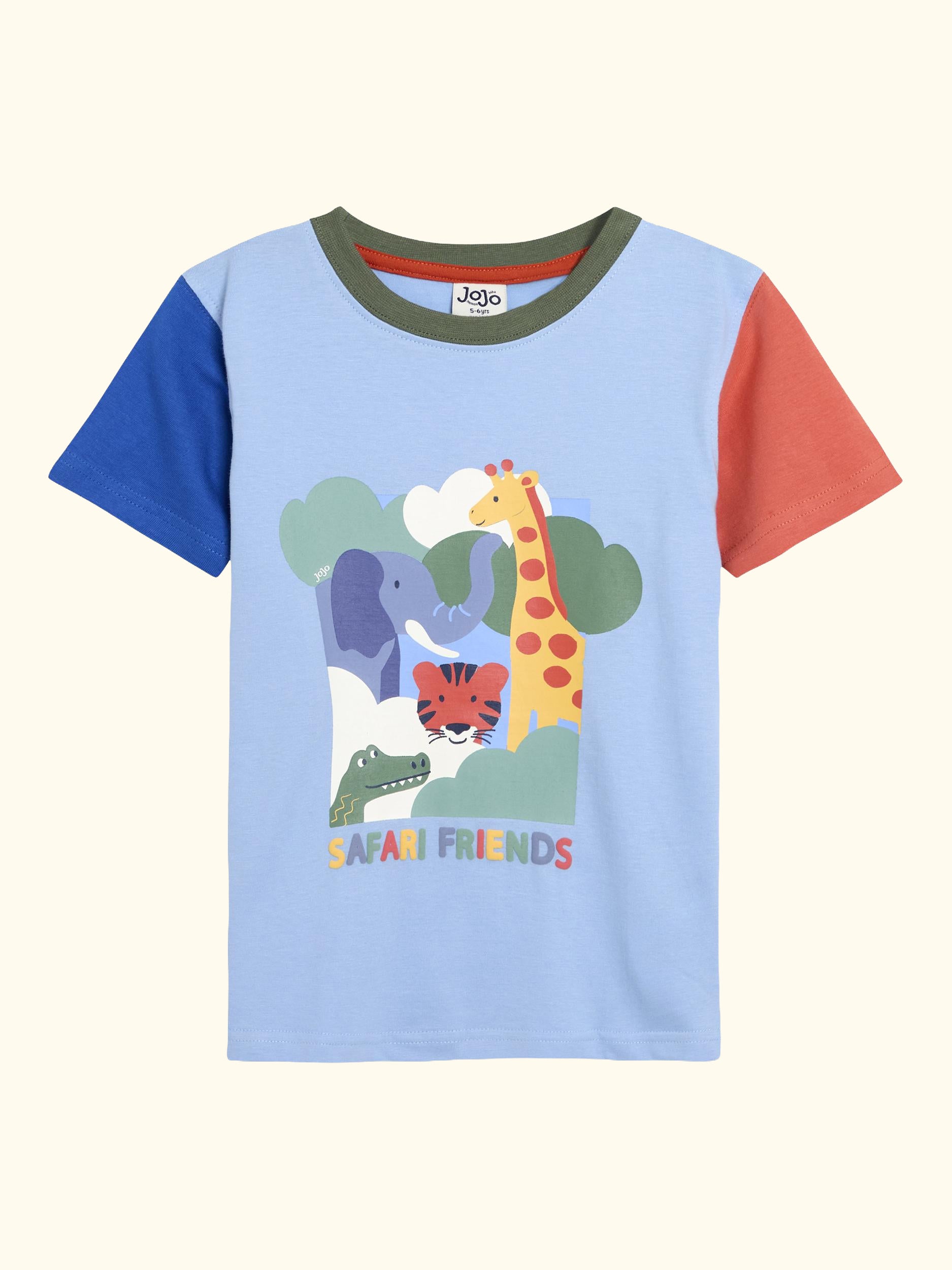 Kids' Cotton Safari Scene Colour Block T-Shirt, Blue