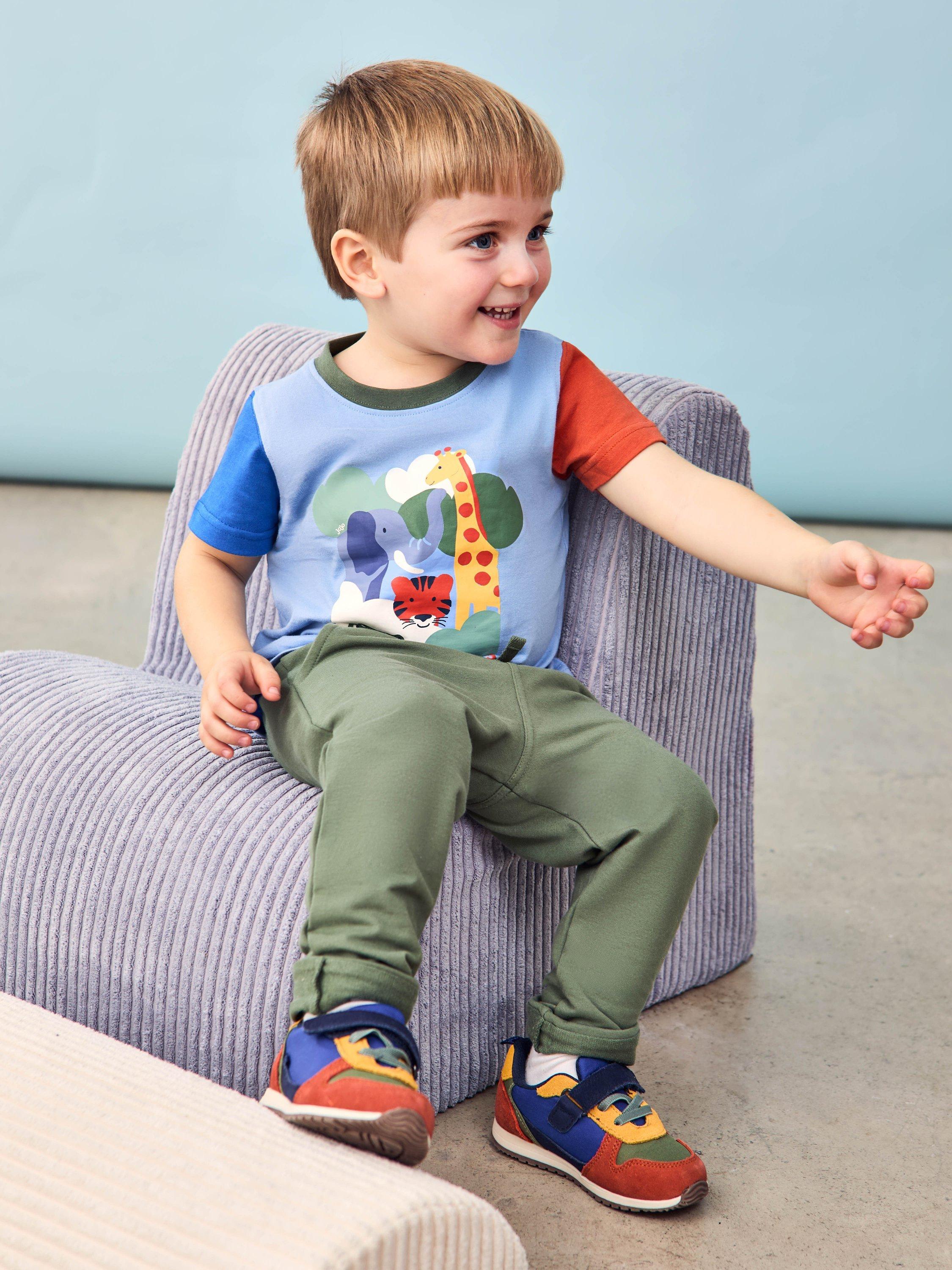 Kids' Cotton Safari Scene Colour Block T-Shirt, Blue