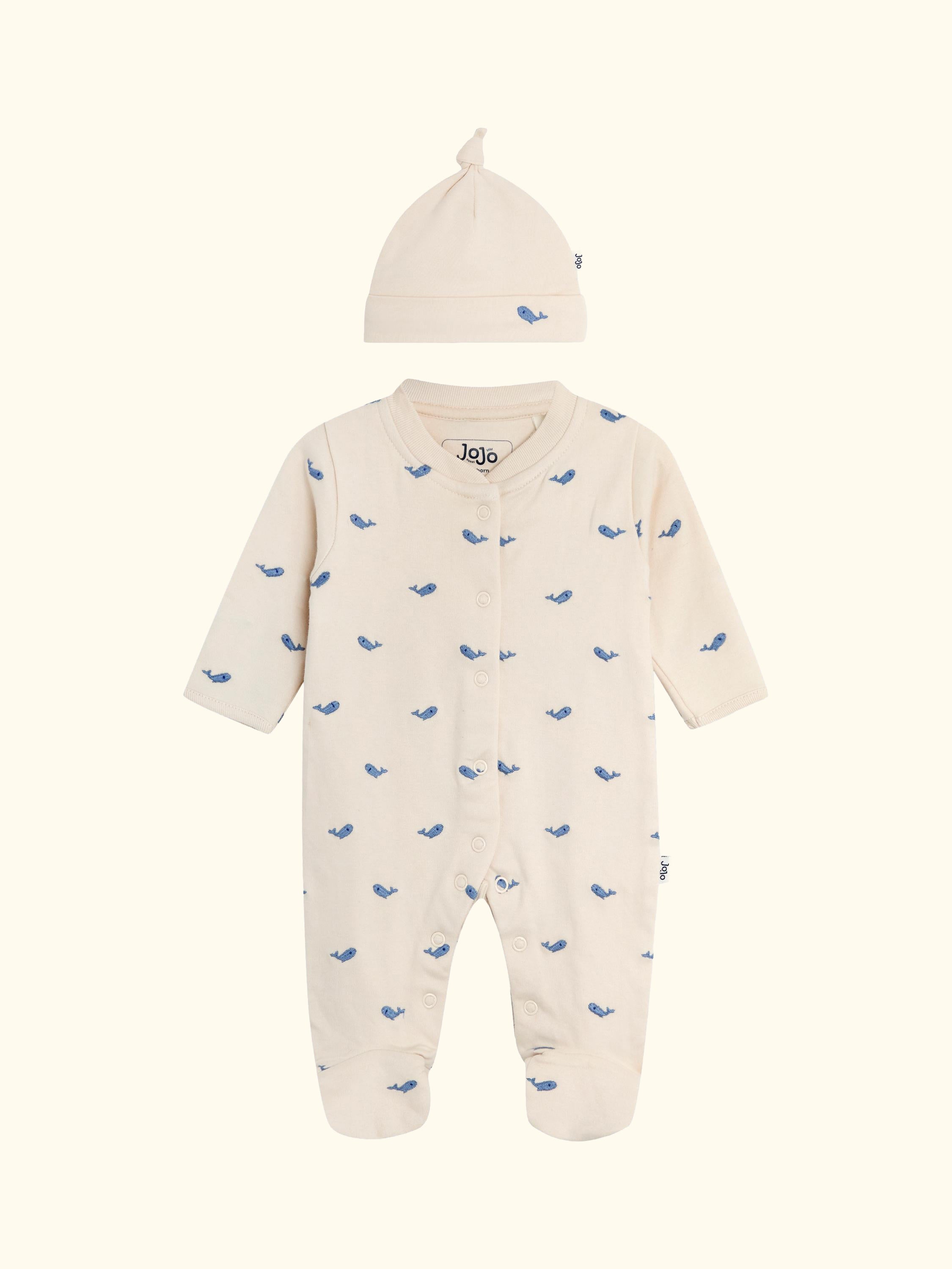 Baby Cotton Embroidered Sleepsuit & Hat Set, Stone