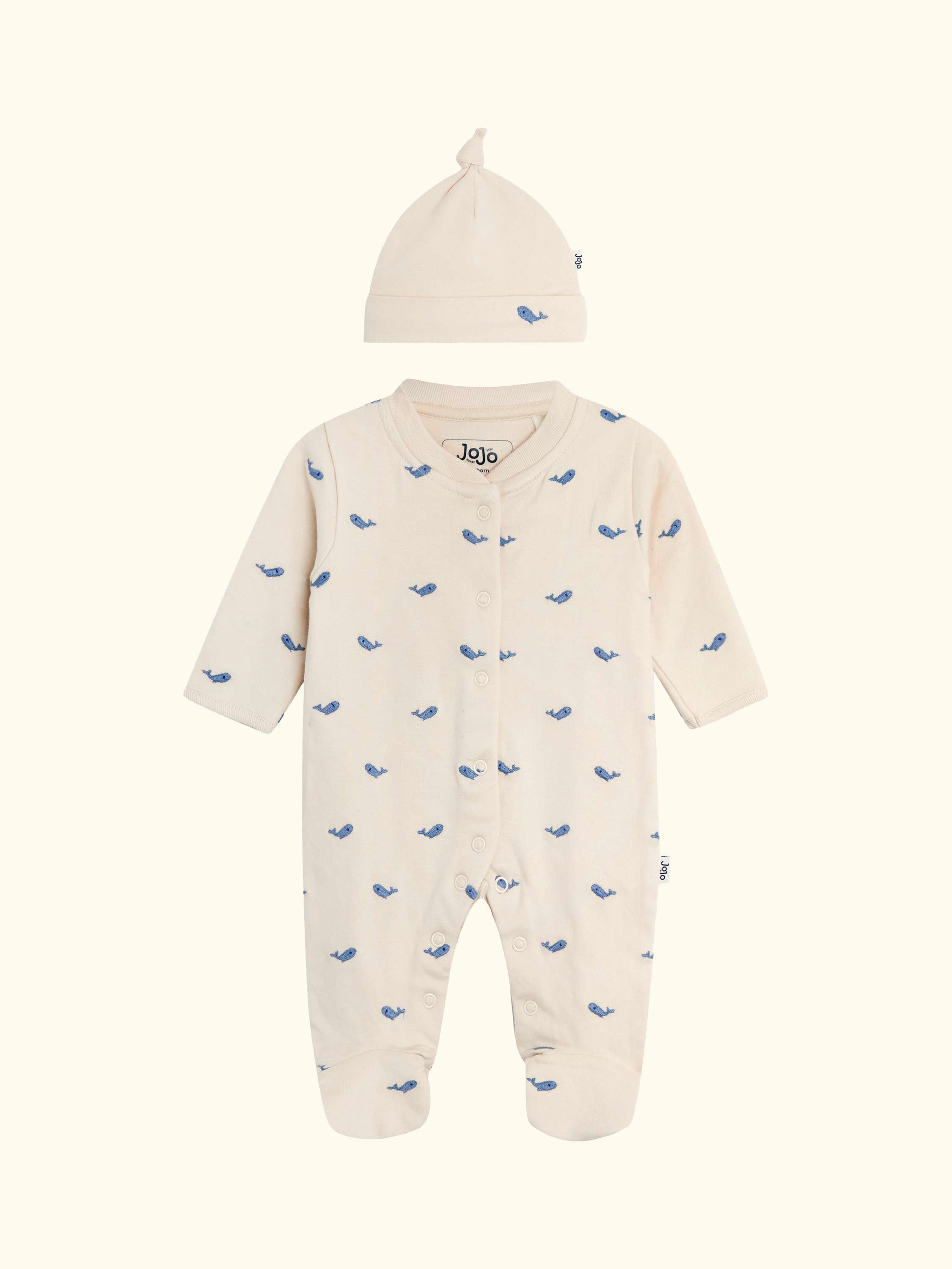 Baby Cotton Embroidered Sleepsuit & Hat Set, Stone