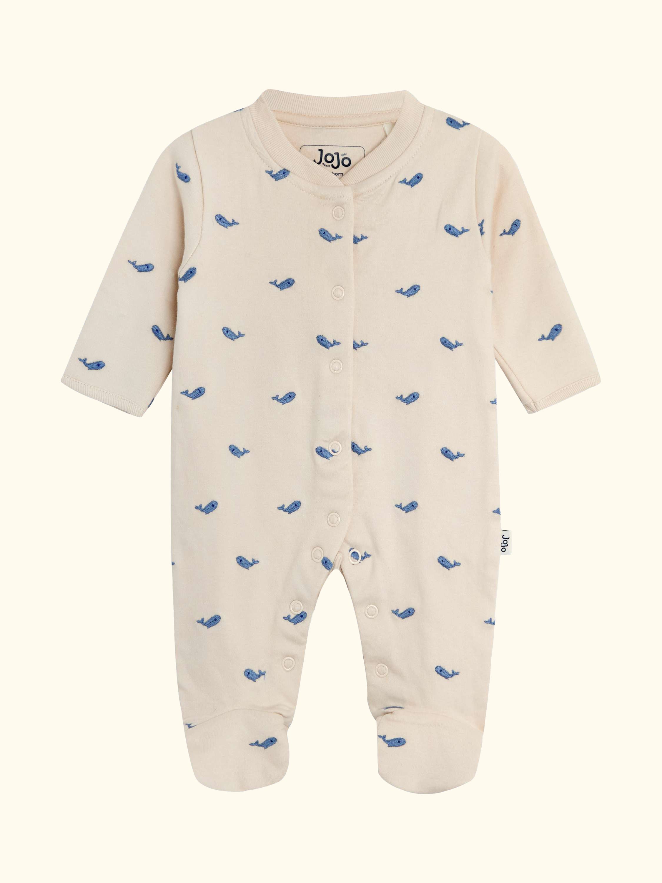 Baby Cotton Embroidered Sleepsuit & Hat Set, Stone