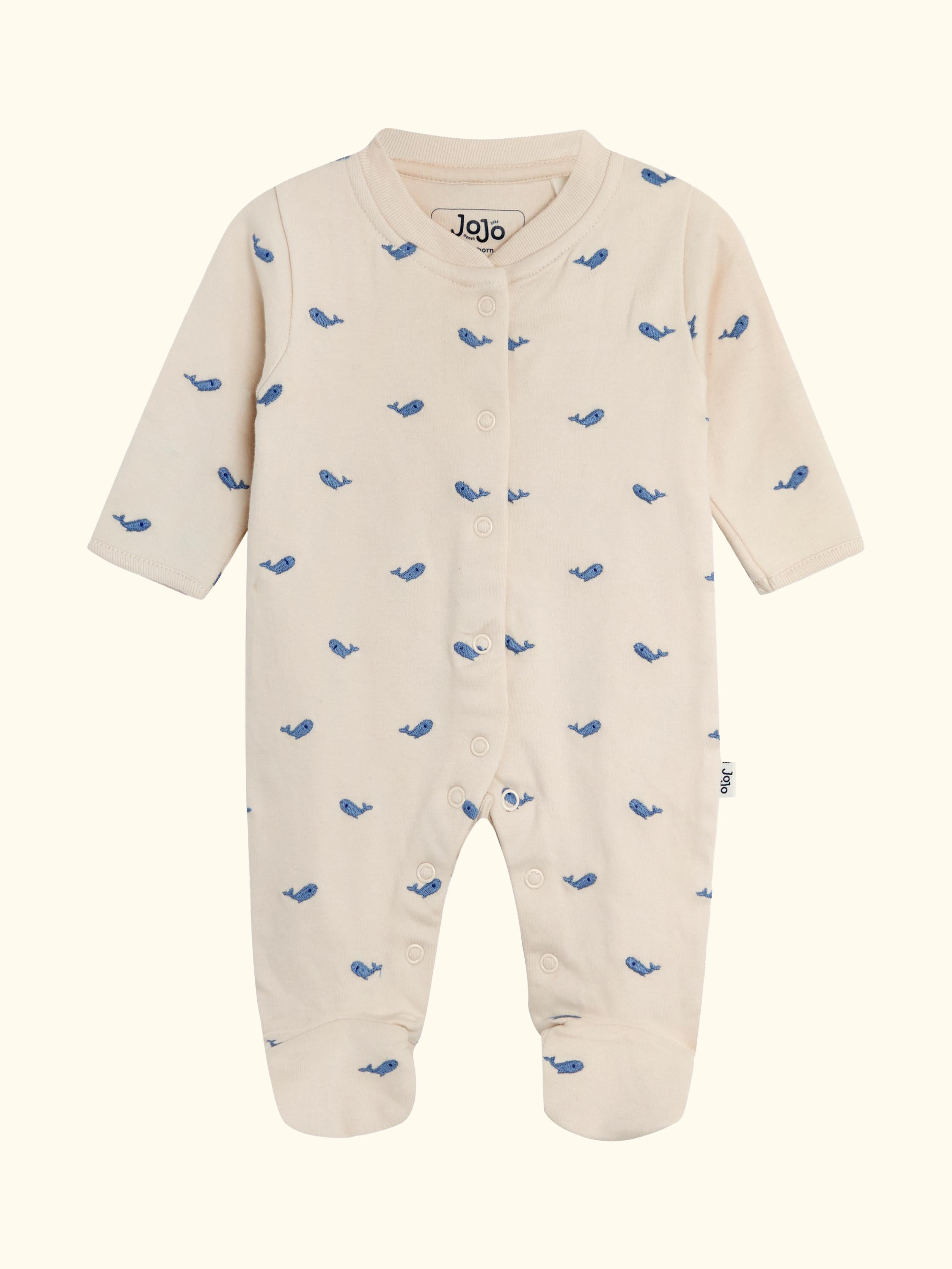 Baby Cotton Embroidered Sleepsuit & Hat Set, Stone