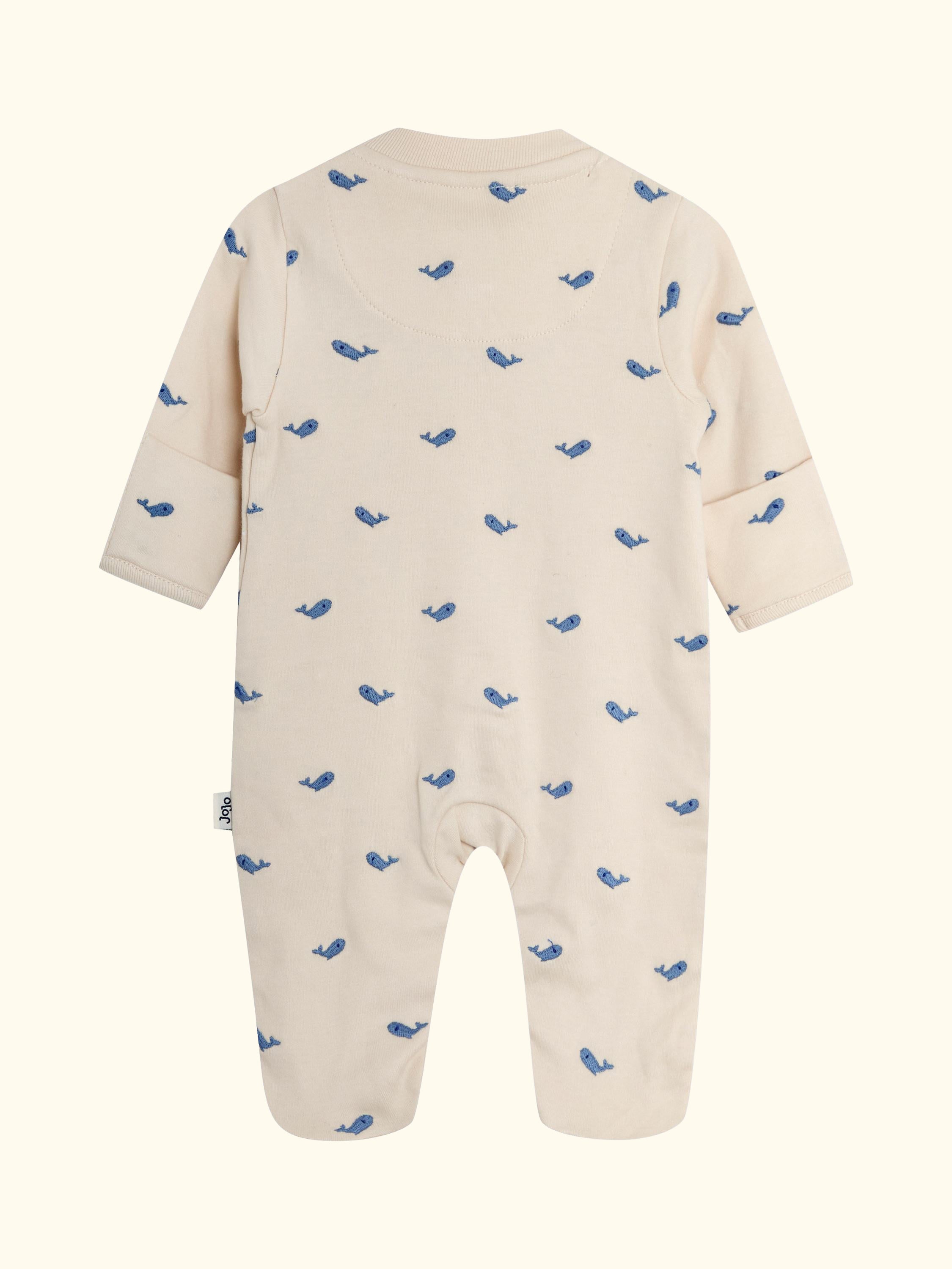 Baby Cotton Embroidered Sleepsuit & Hat Set, Stone