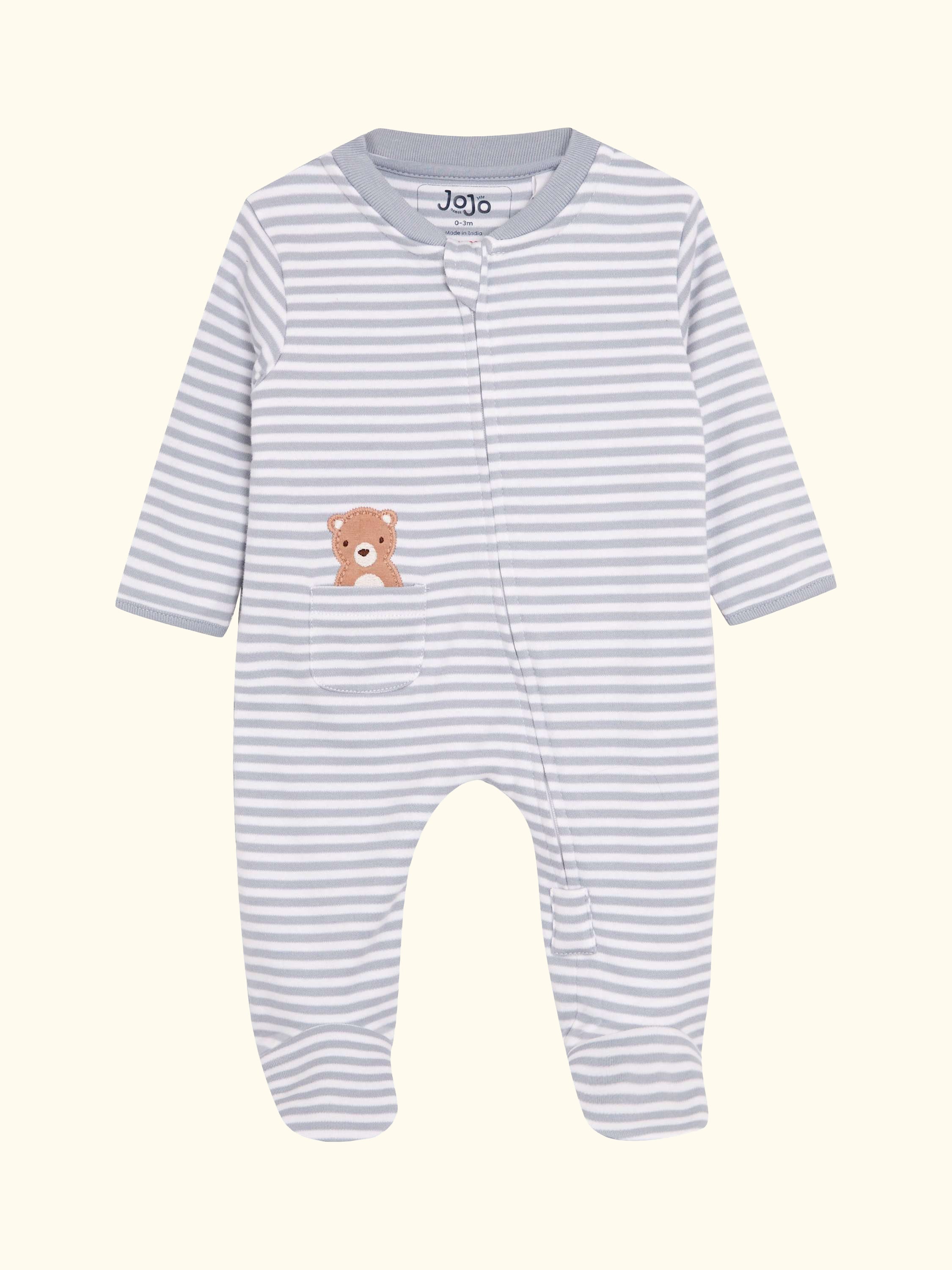 Baby Bear Embroidered Footed Pocket Zip Sleepsuit, Blue