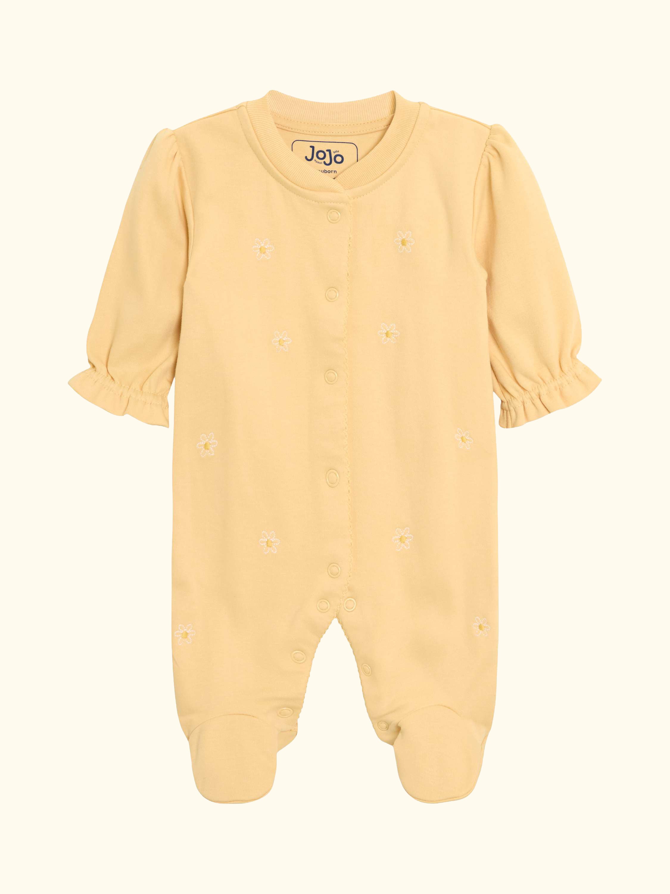 Kids' Cotton Embroidered Sleepsuit, Yellow, Newborn