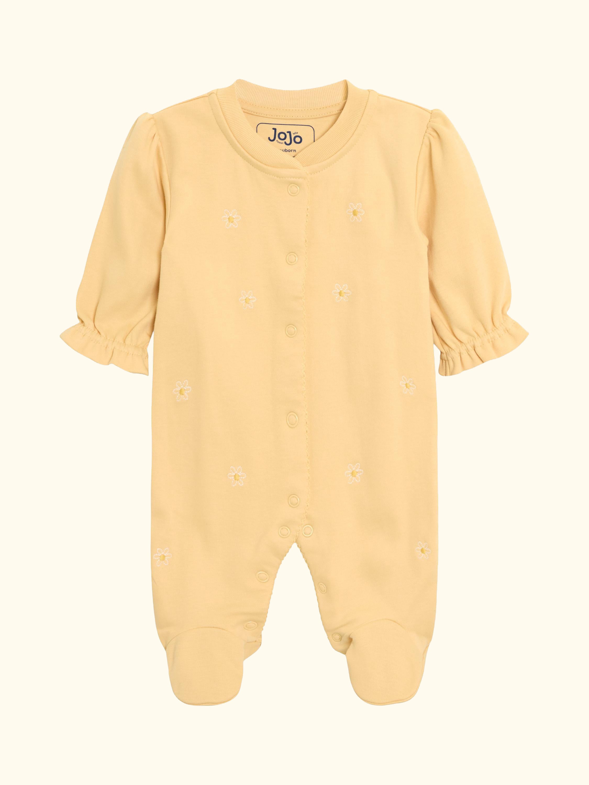 Kids' Cotton Embroidered Sleepsuit, Yellow, Newborn