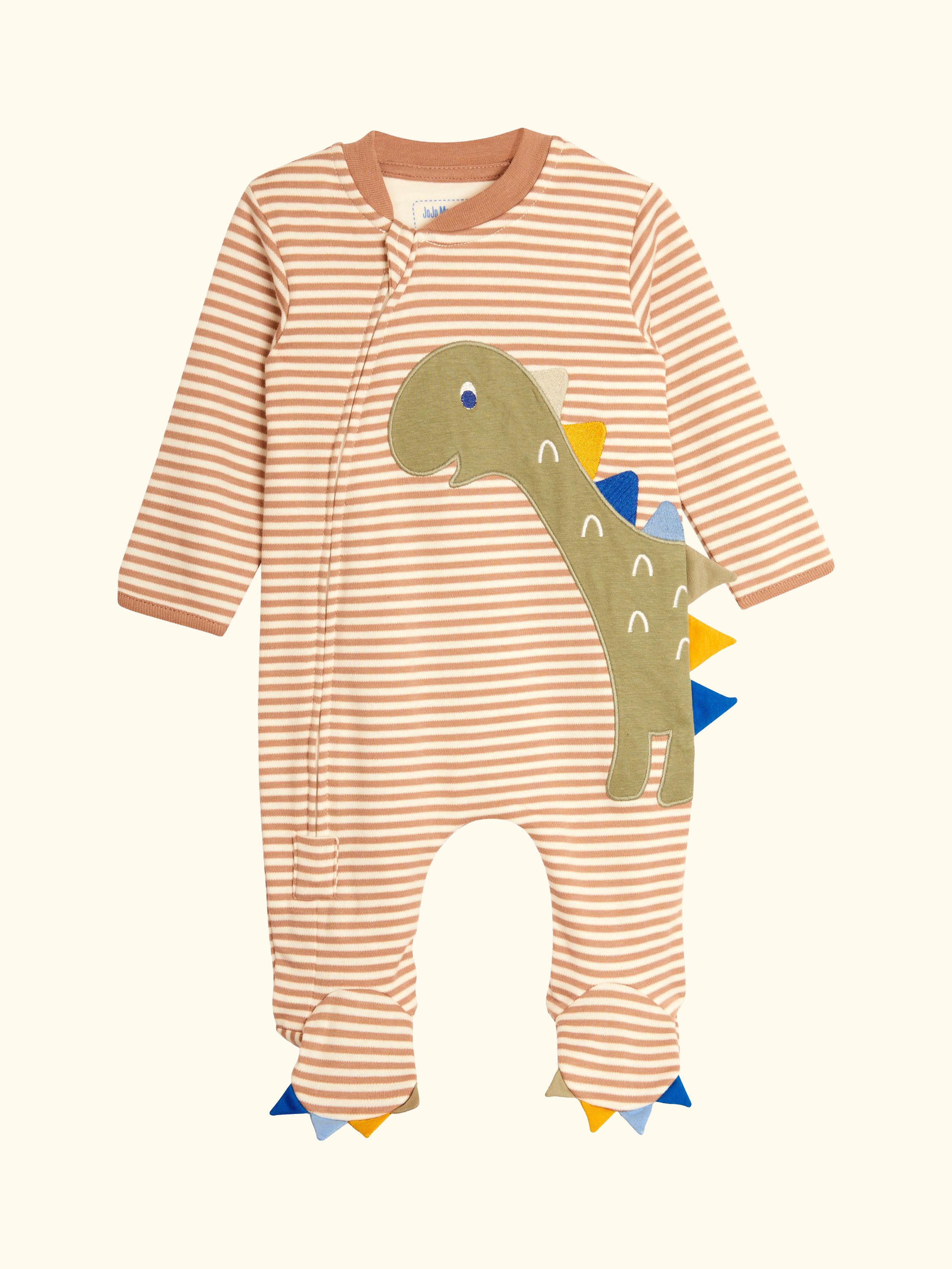Baby Cotton Stripe Dinosaur Appliqué Sleepsuit, Natural