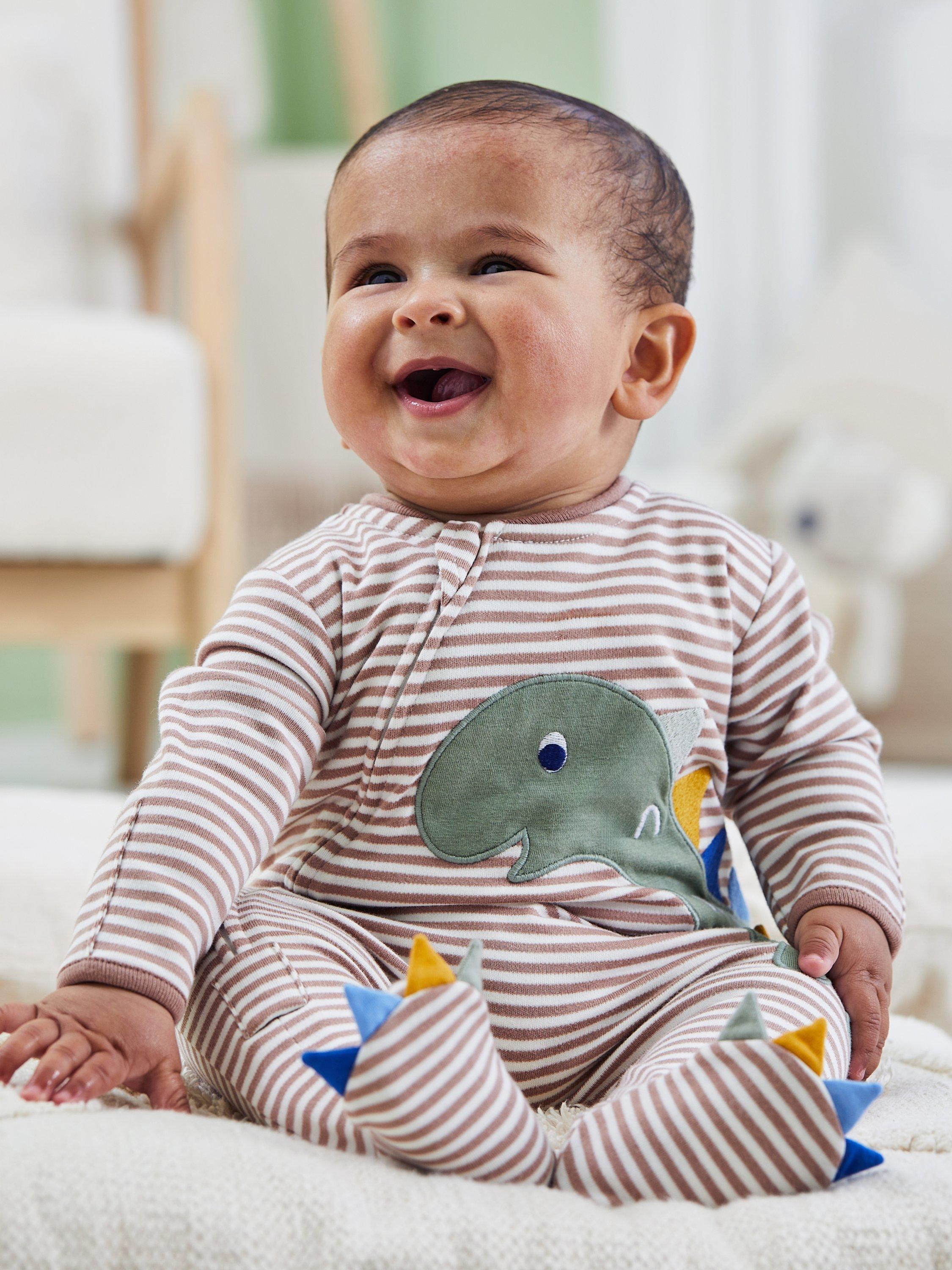 Baby Cotton Stripe Dinosaur Appliqué Sleepsuit, Natural
