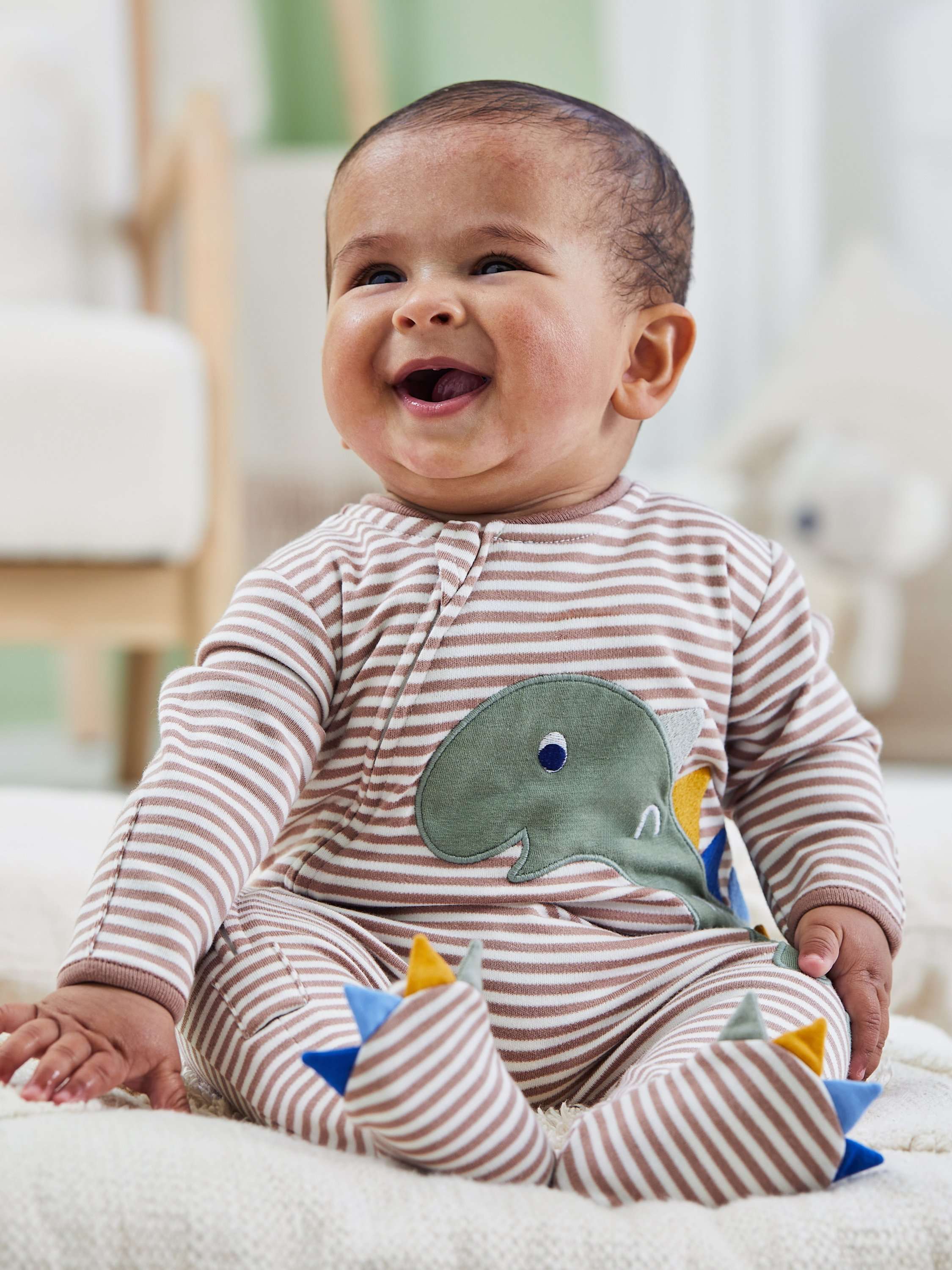 Baby Cotton Stripe Dinosaur Appliqué Sleepsuit, Natural