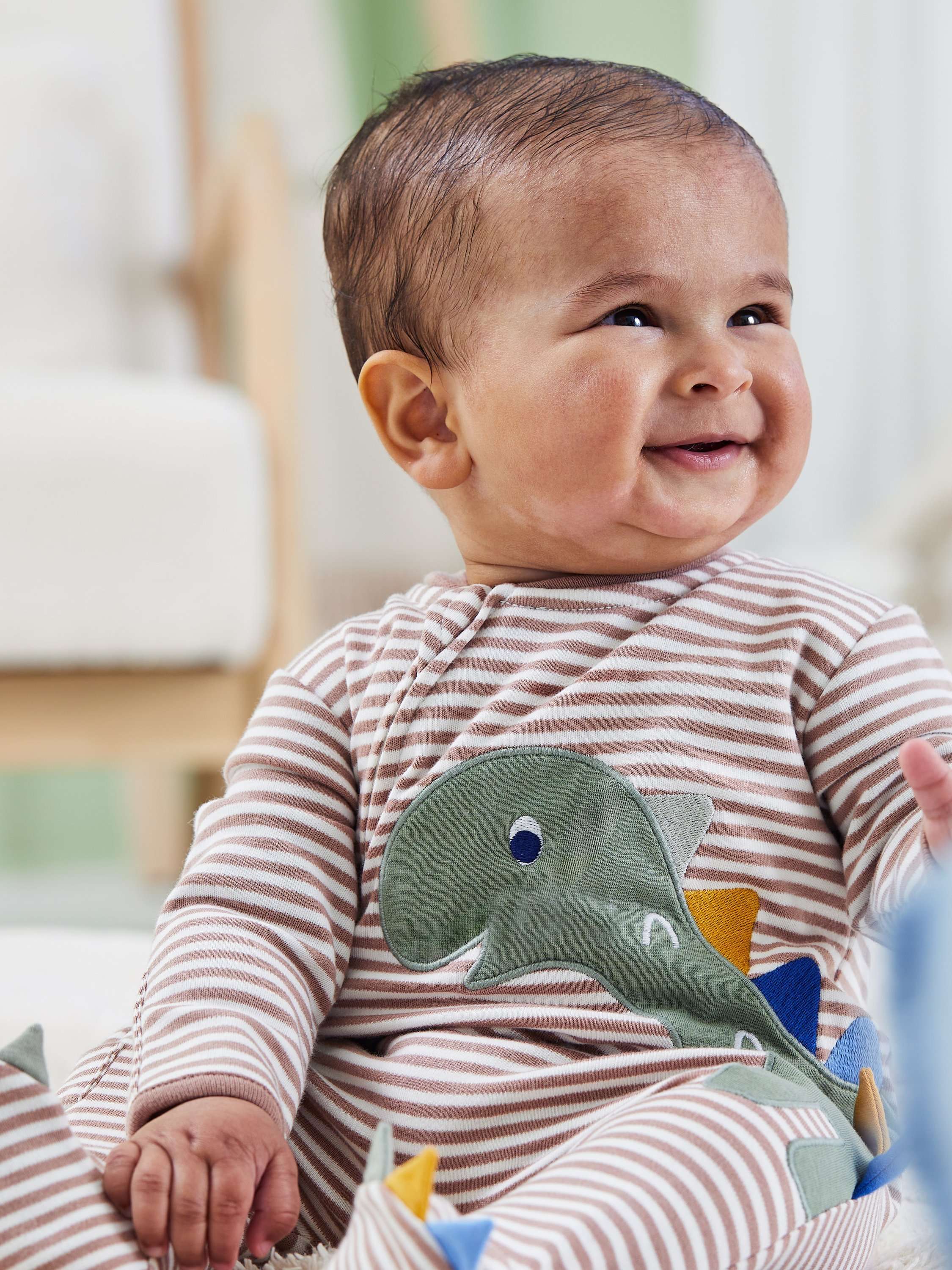 Baby Cotton Stripe Dinosaur Appliqué Sleepsuit, Natural