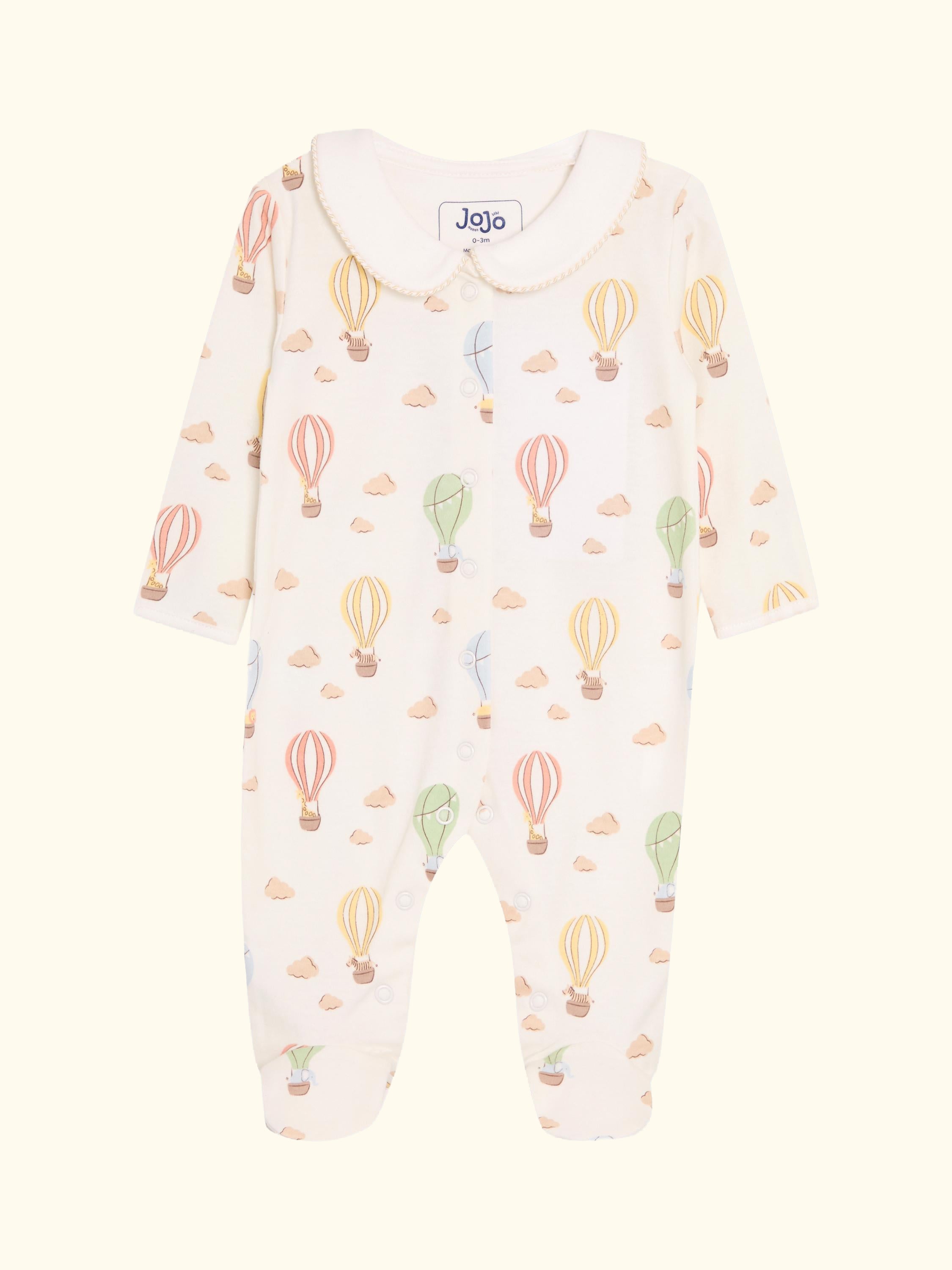 Baby Cotton Hot Air Balloon Print Sleepsuit, Cream, Newborn