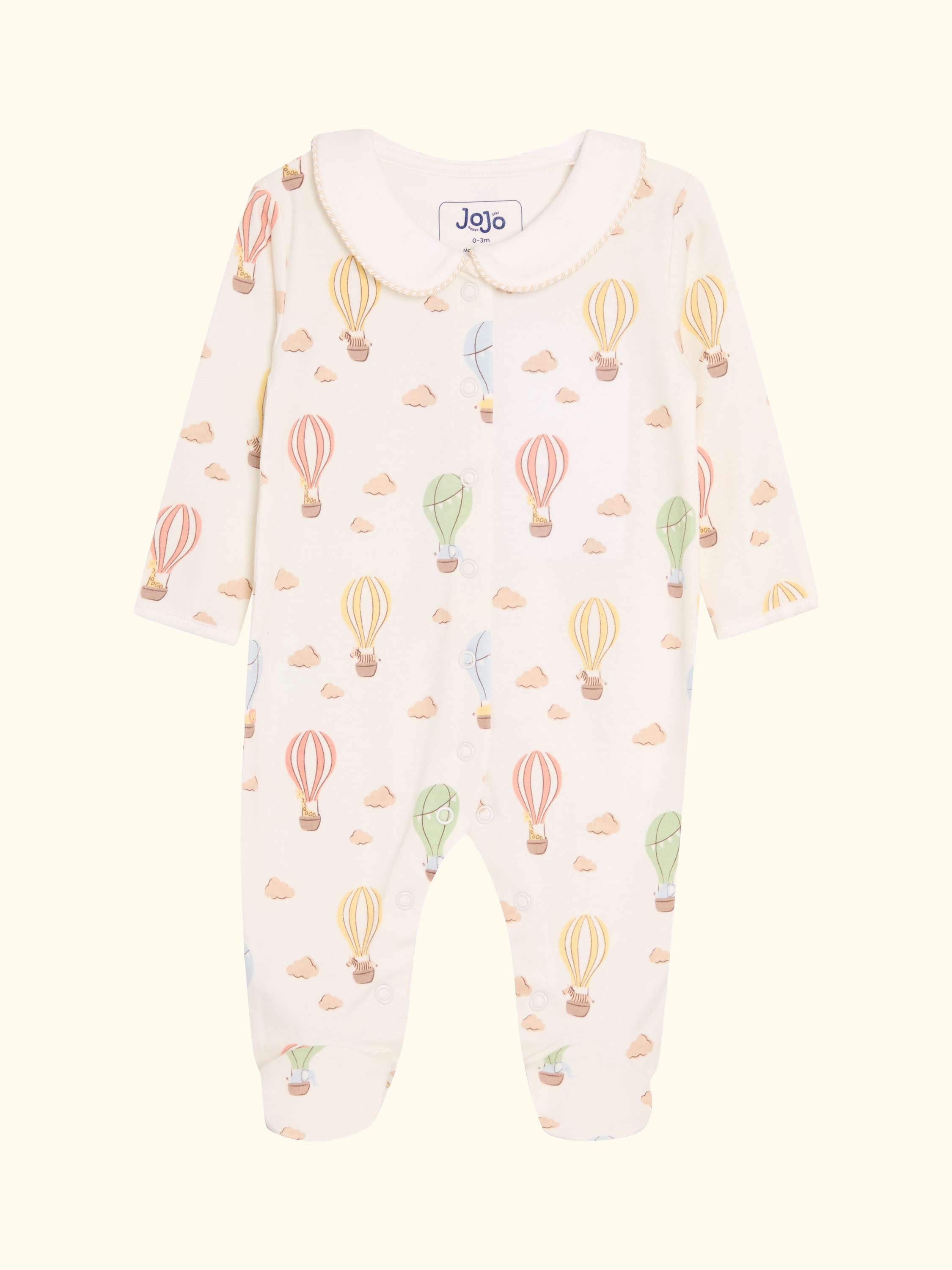 Baby Cotton Hot Air Balloon Print Sleepsuit, Cream, Newborn