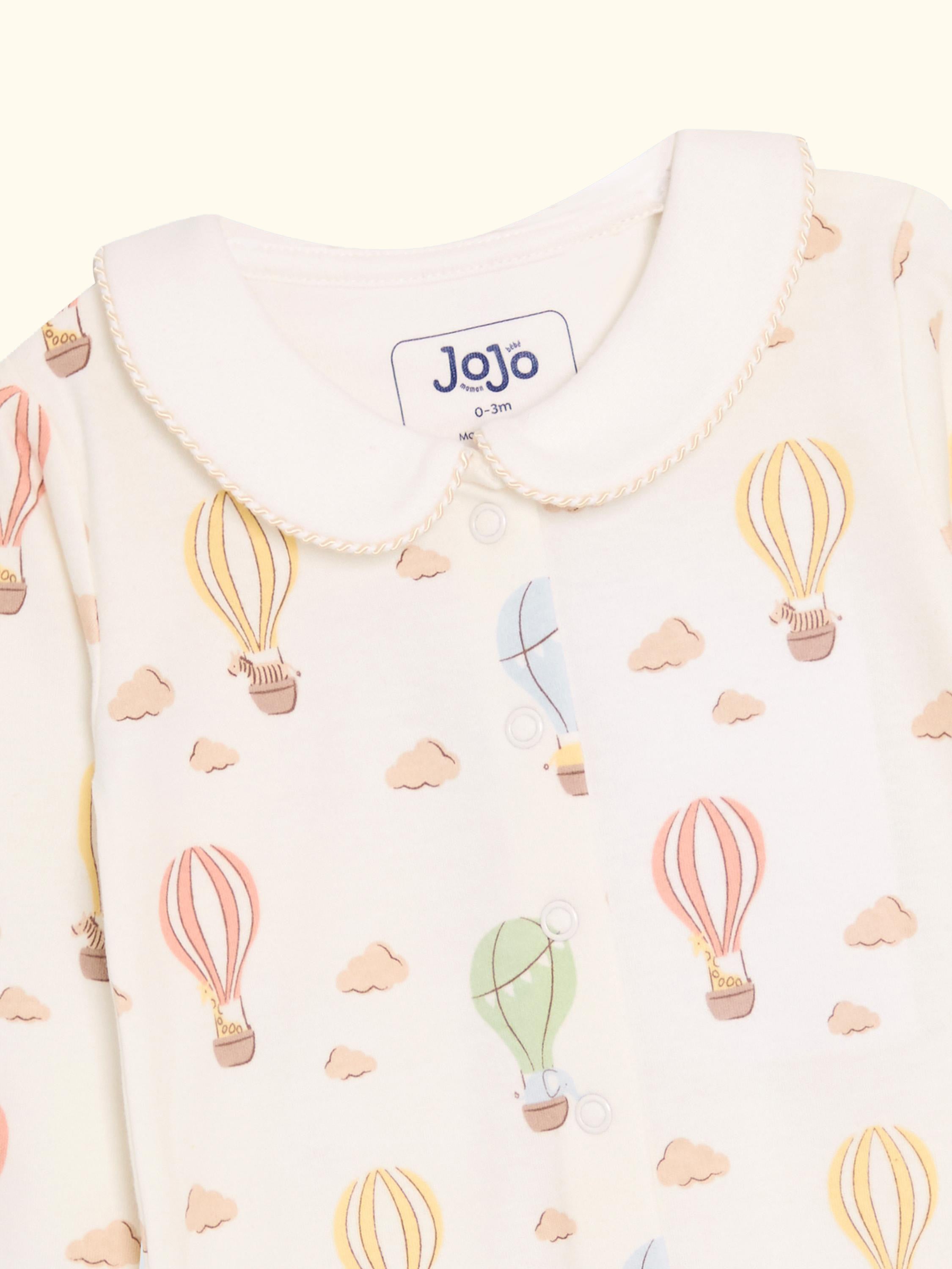Baby Cotton Hot Air Balloon Print Sleepsuit, Cream, Newborn
