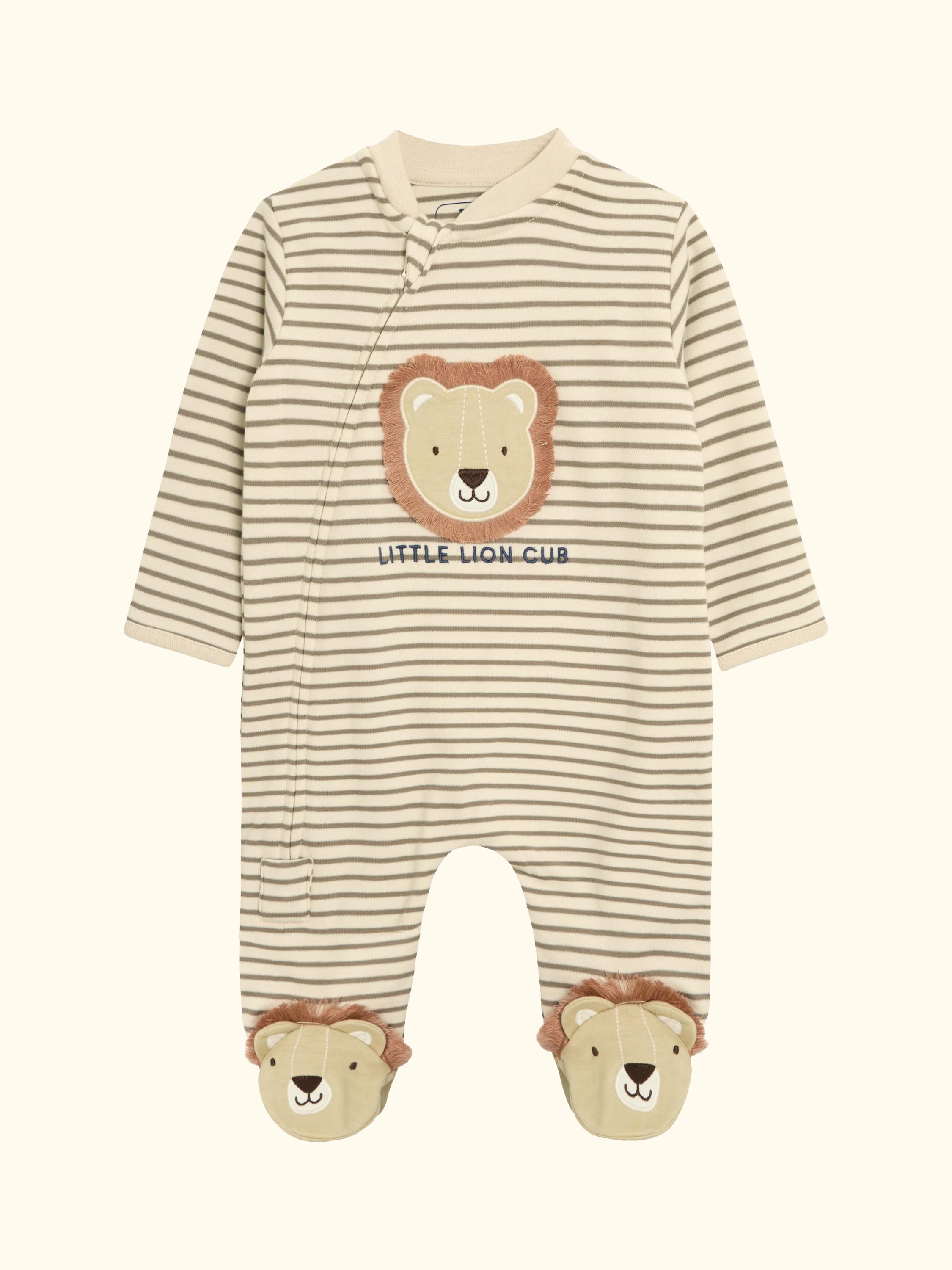 Baby Cotton Lion Applique Sleepsuit, Ecru