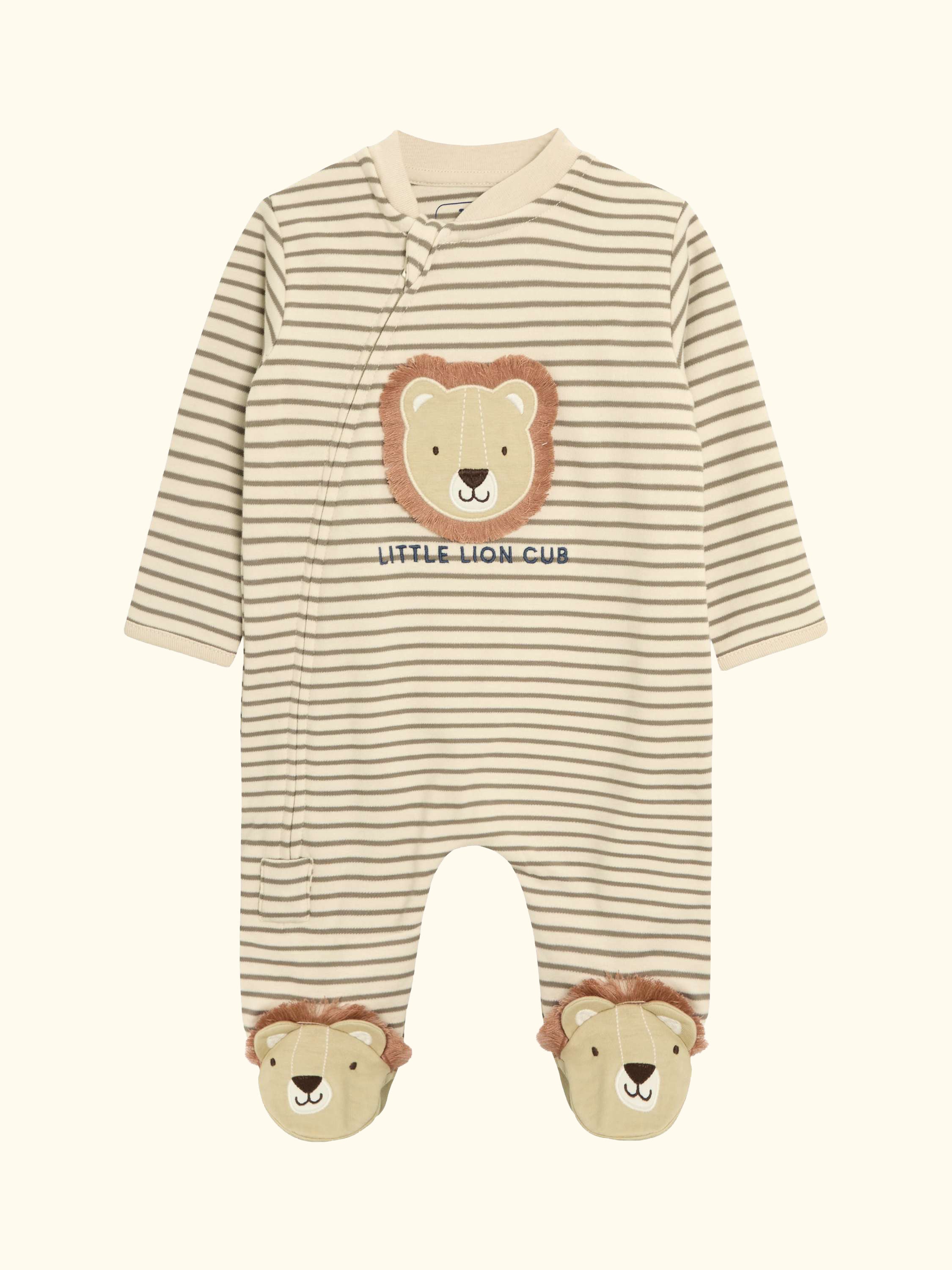 Baby Cotton Lion Applique Sleepsuit, Ecru