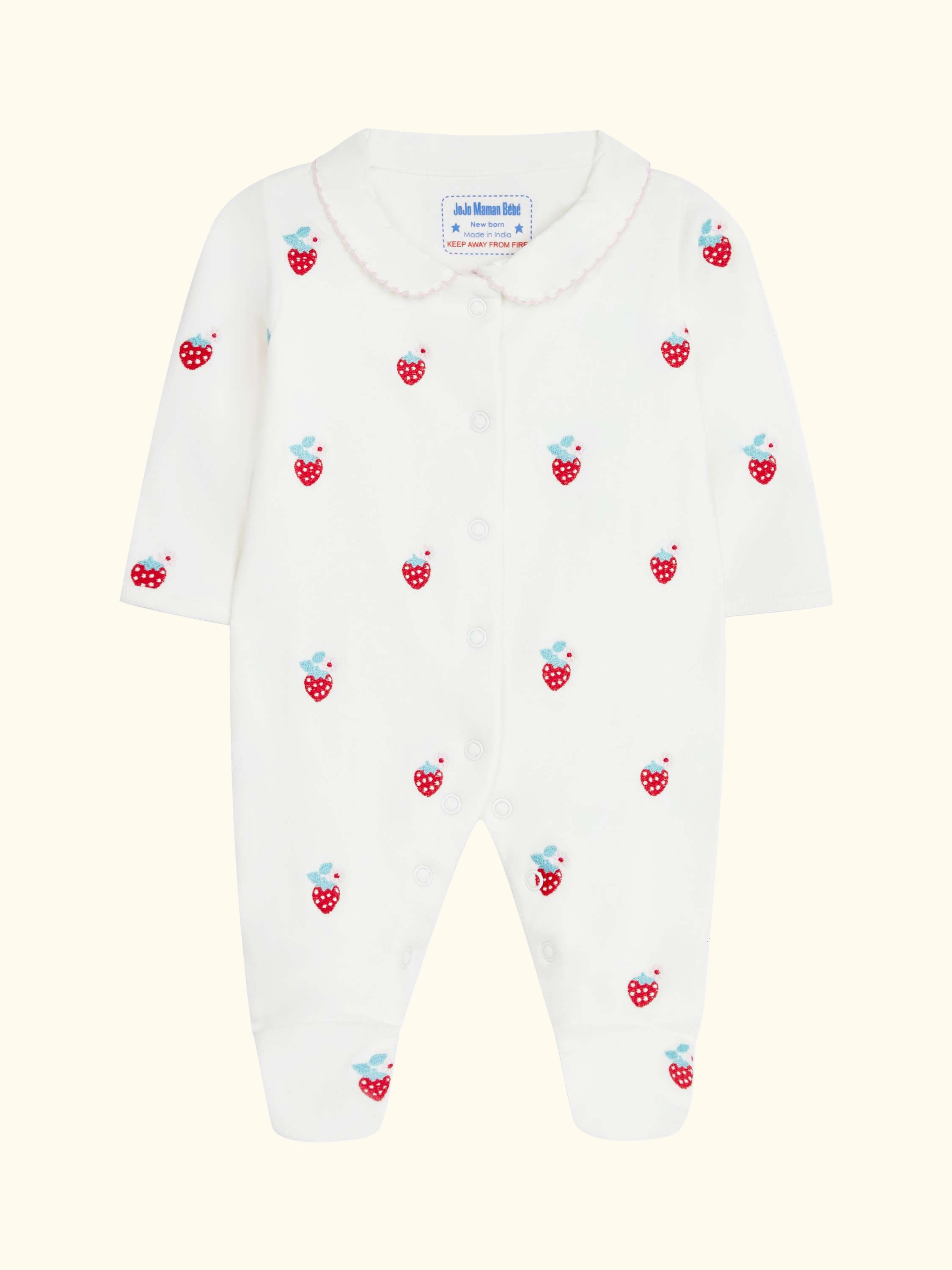 Baby Strawberry Embroidered Sleepsuit, Cream