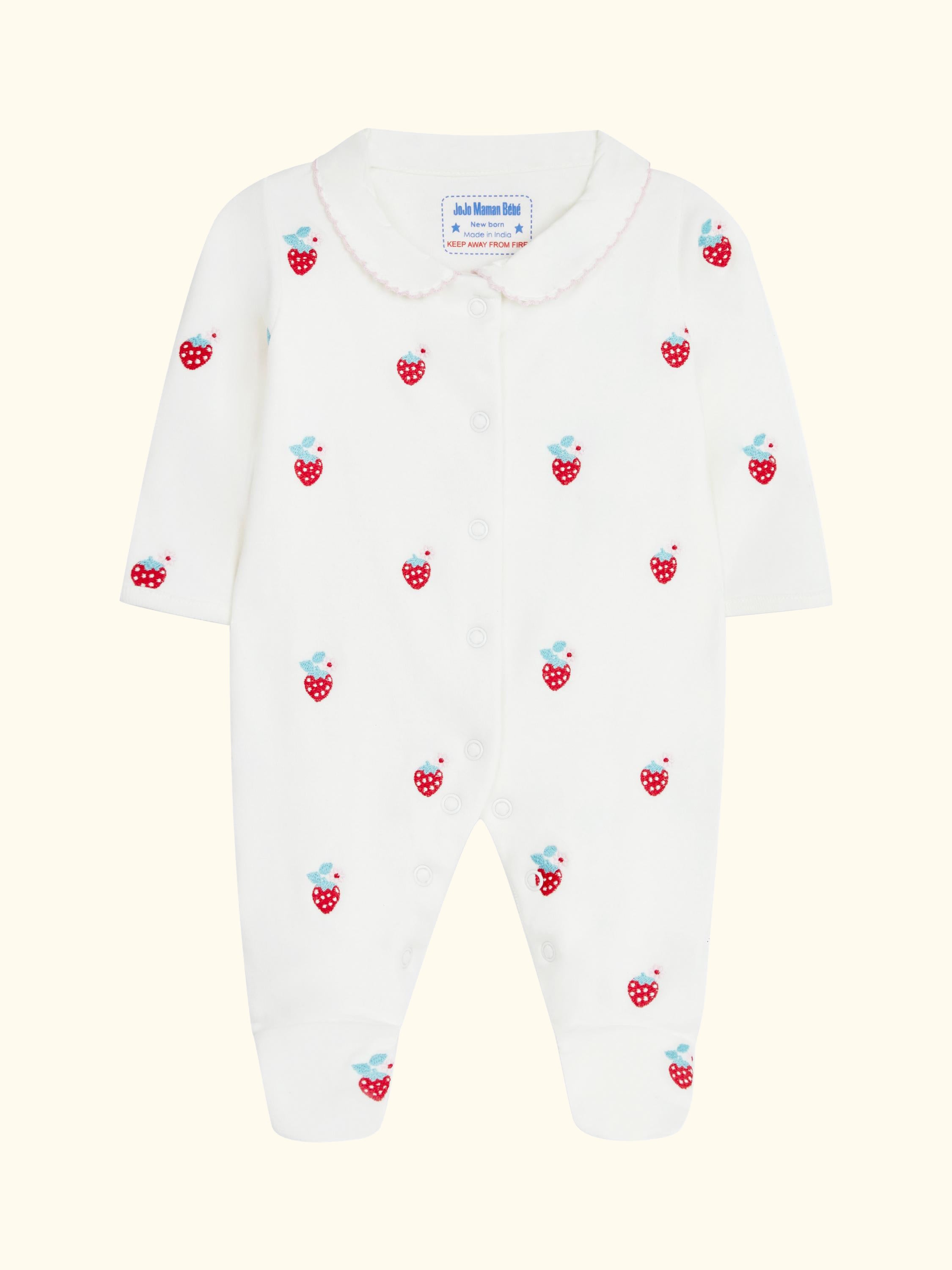 Baby Strawberry Embroidered Sleepsuit, Cream