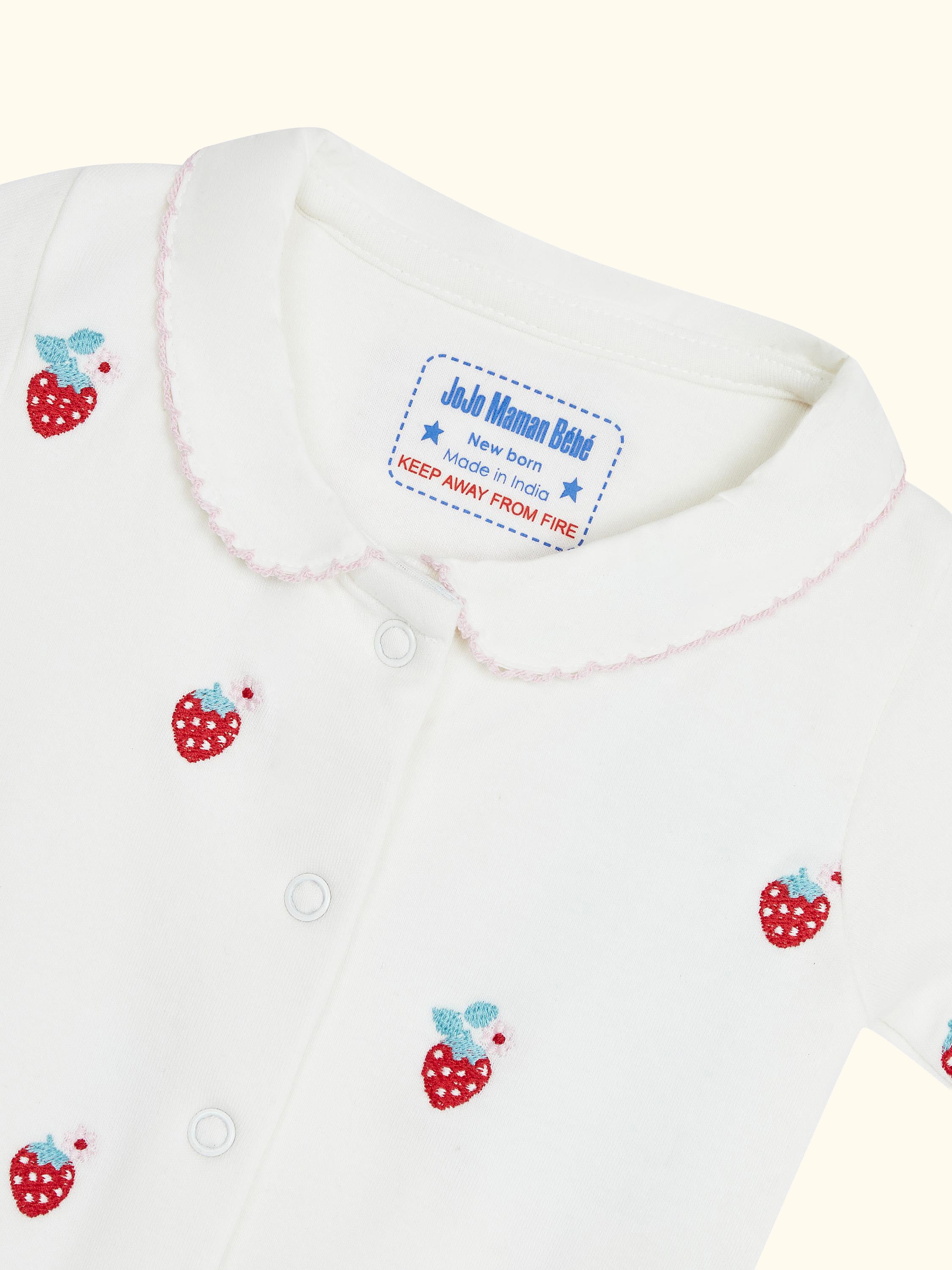 Baby Strawberry Embroidered Sleepsuit, Cream