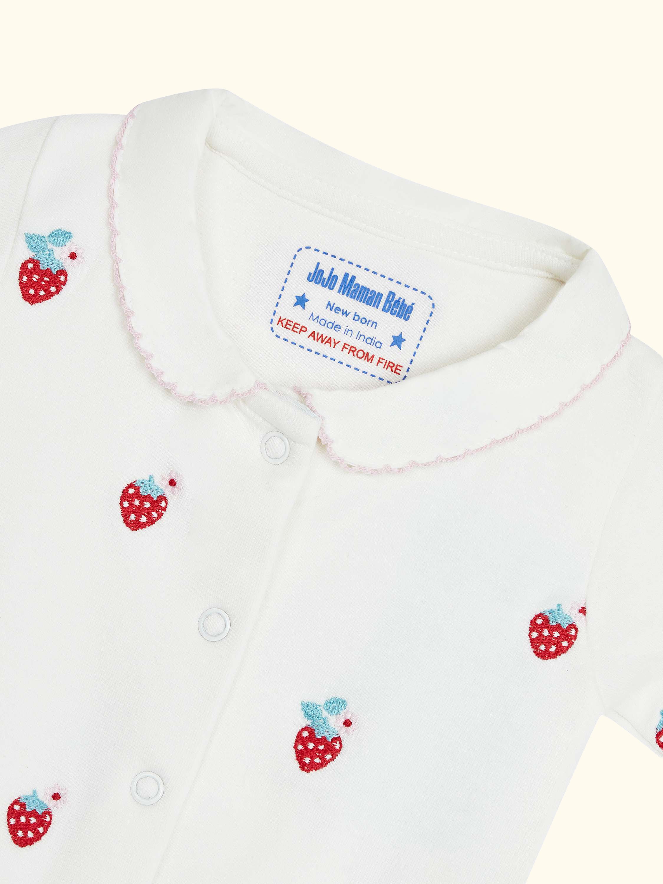 Baby Strawberry Embroidered Sleepsuit, Cream