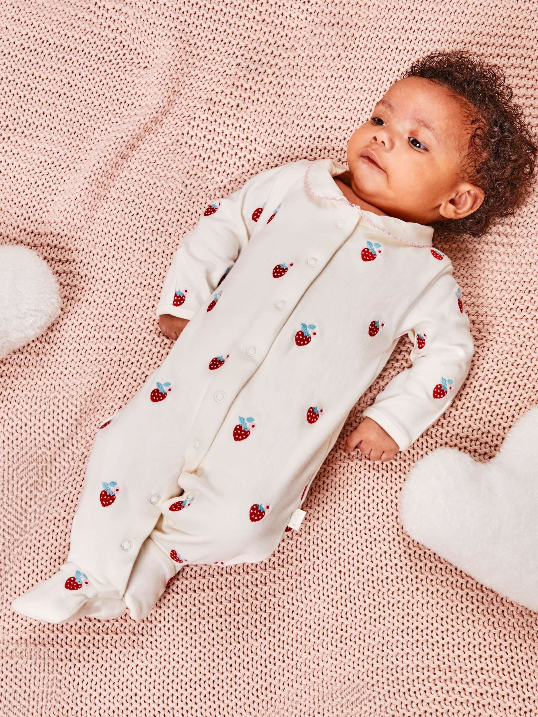 Baby Strawberry Embroidered Sleepsuit, Cream