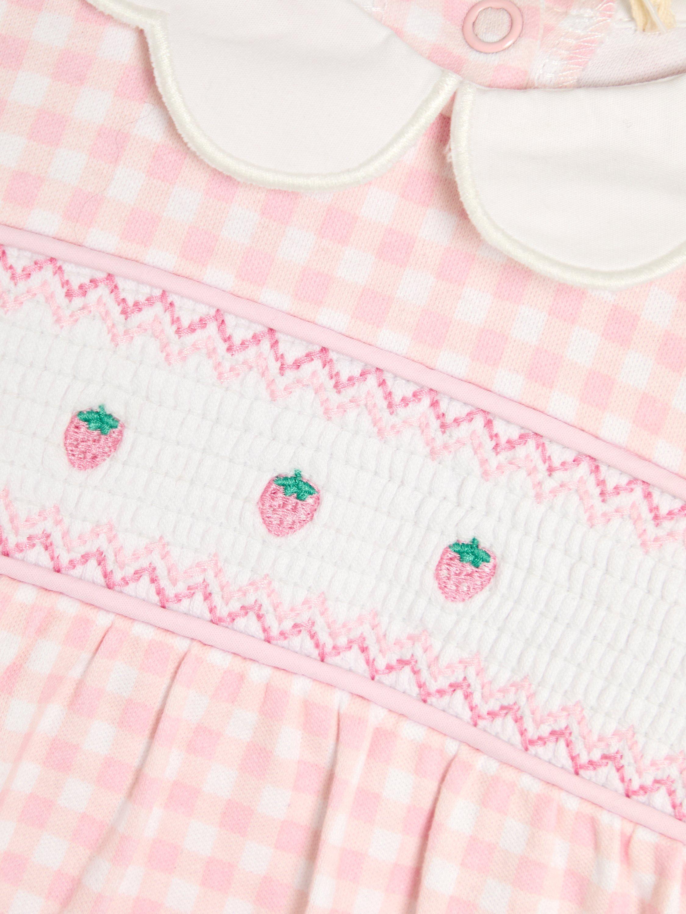 Strawberry Smocked Sleepsuit, Pink