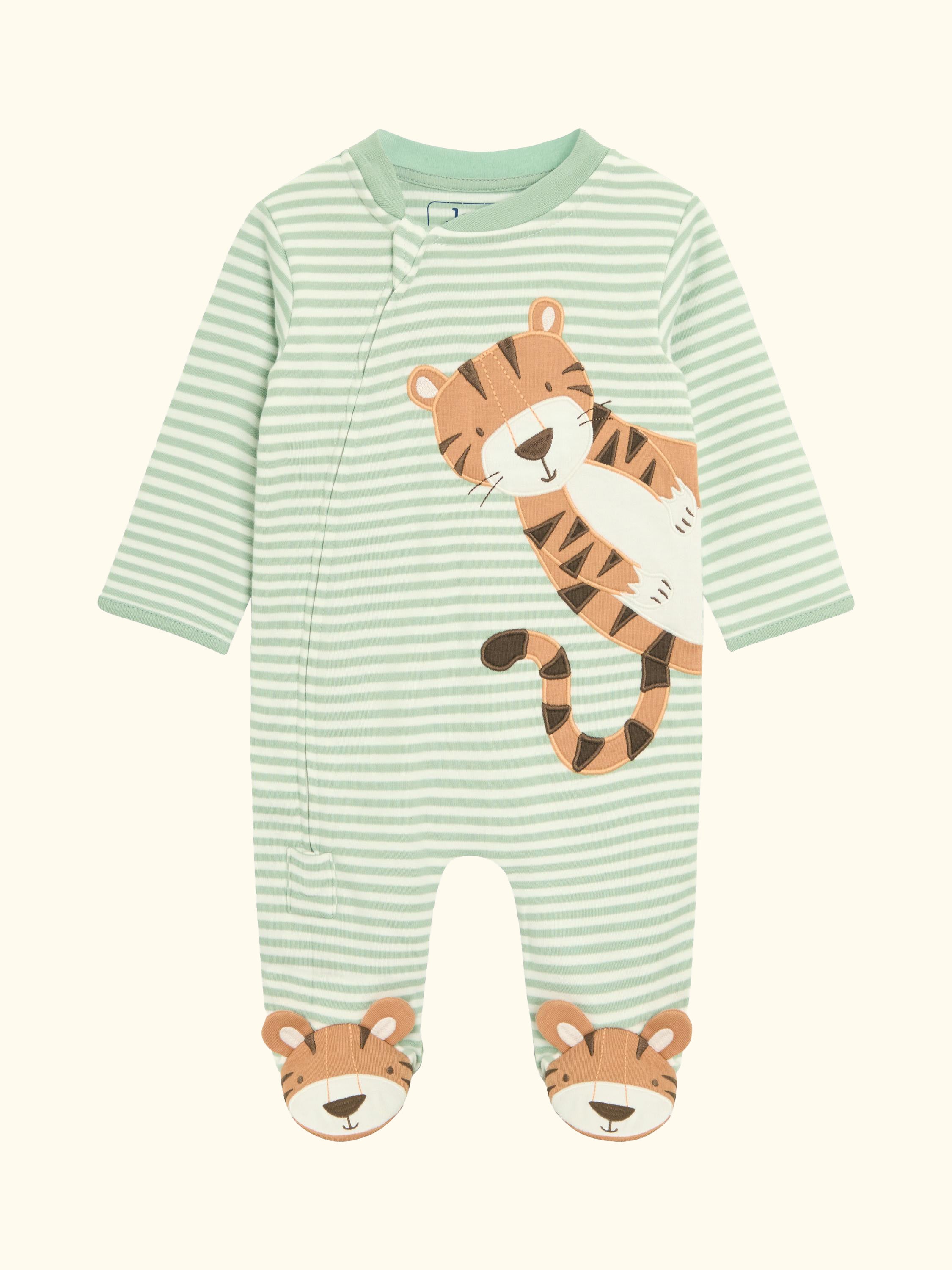 Baby Cotton Tiger Stripe Zip-Up Sleepsuit, Green