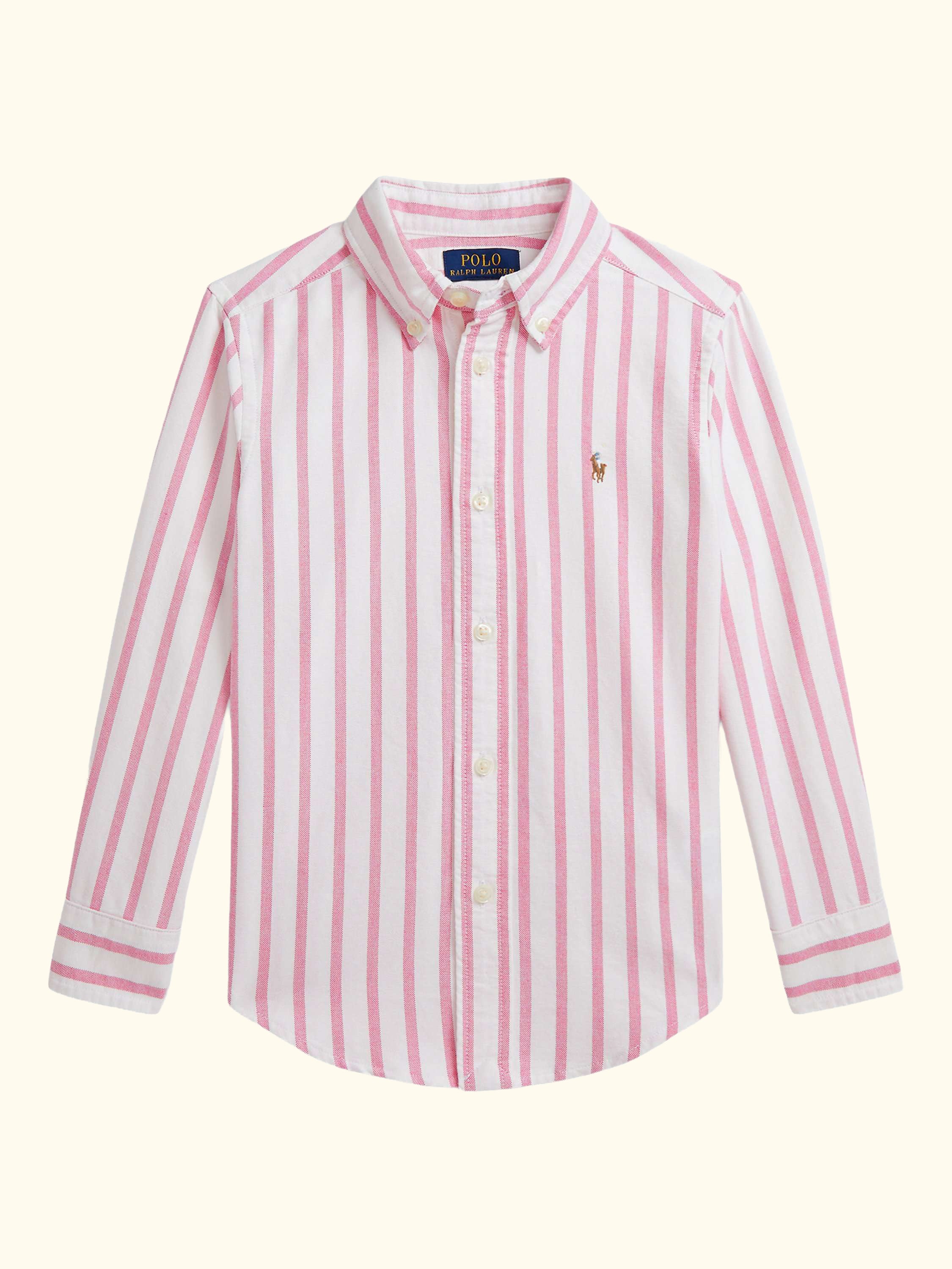 Polo Ralph Lauren Kids' Cotton Long Sleeved Stripe Print Shirt, Pink/White