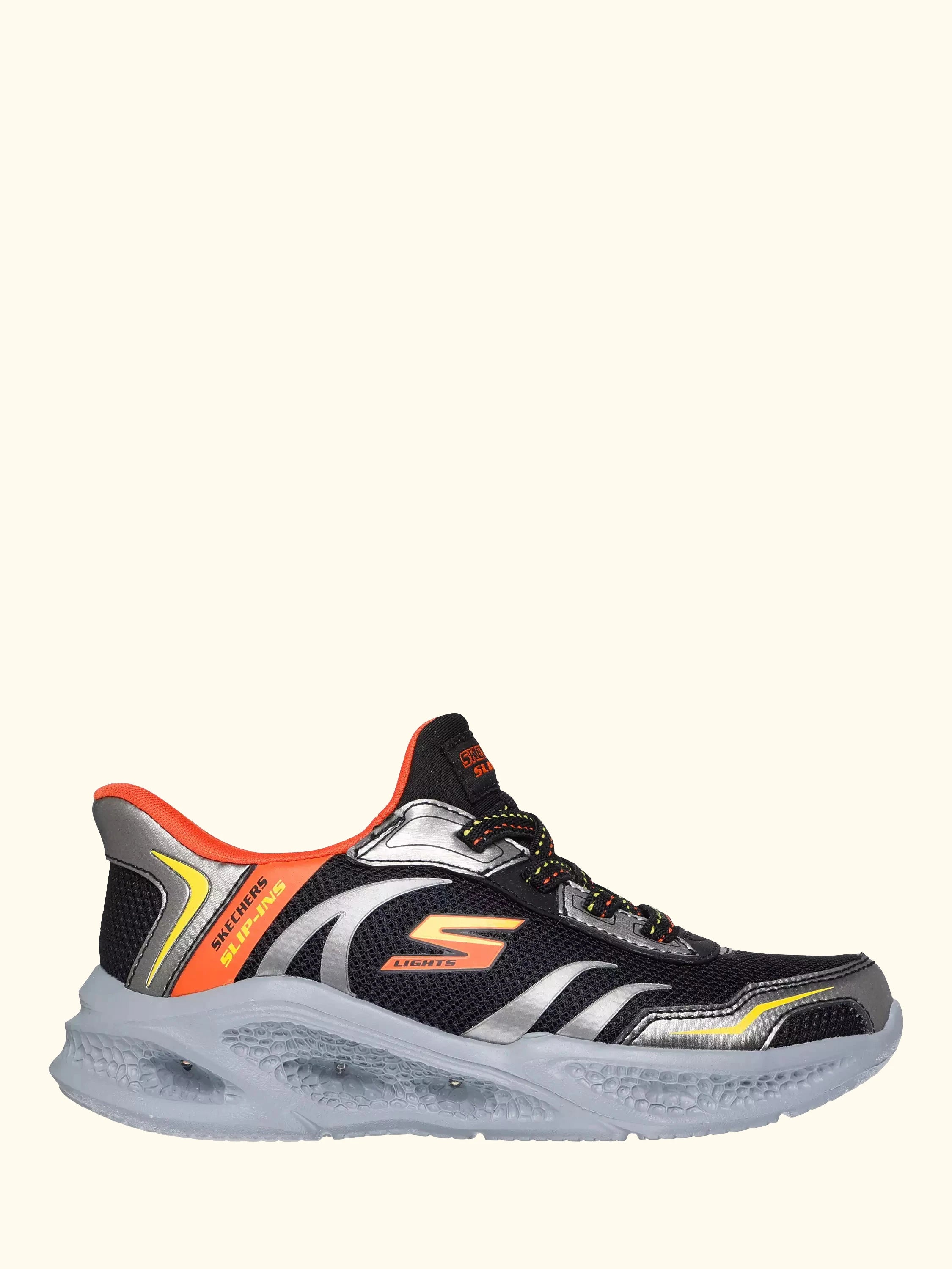 Skechers Kids' Slip-In Meteor Lights Trainers, Black/ Silver