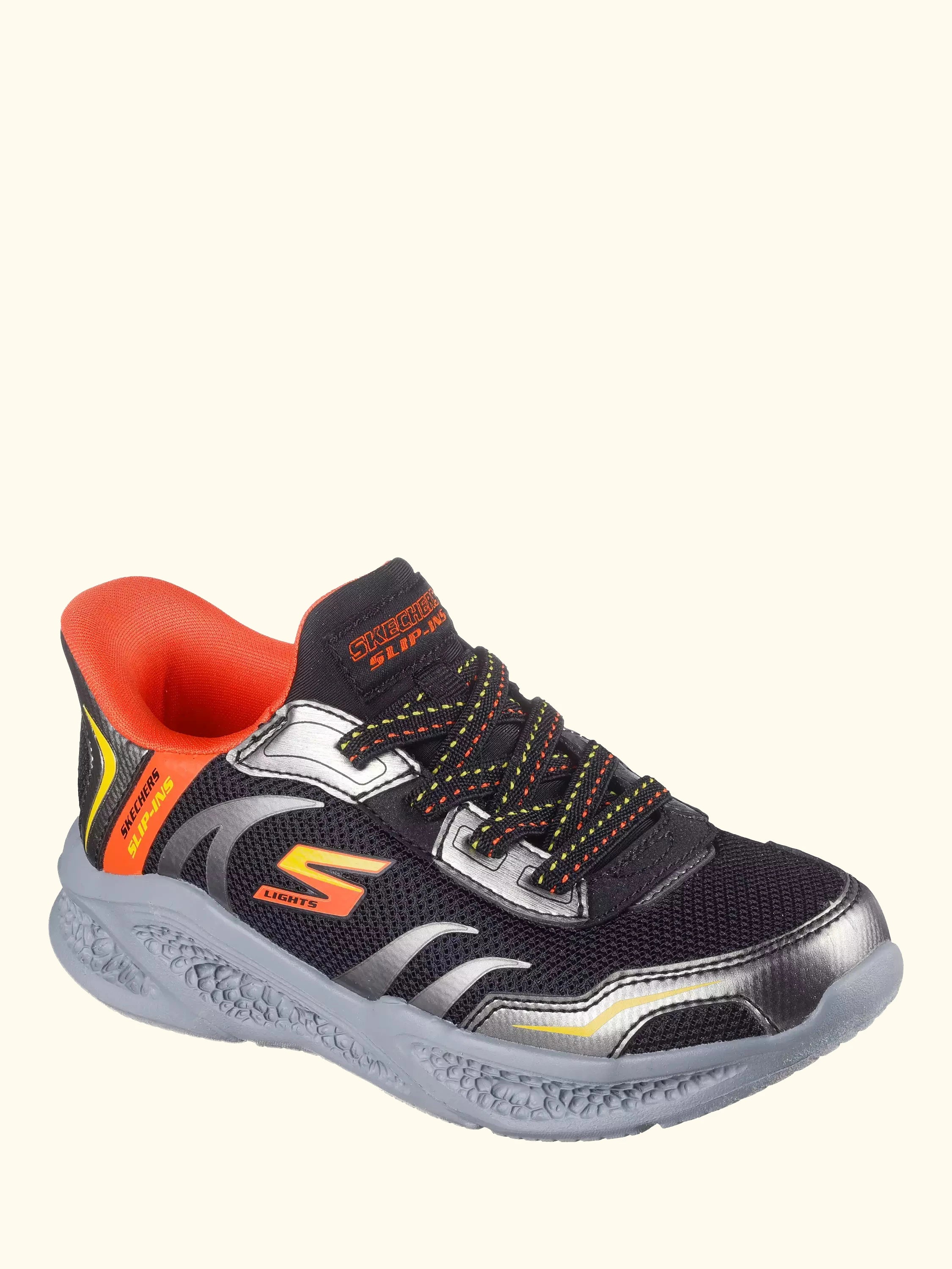 Skechers Kids' Slip-In Meteor Lights Trainers, Black/ Silver