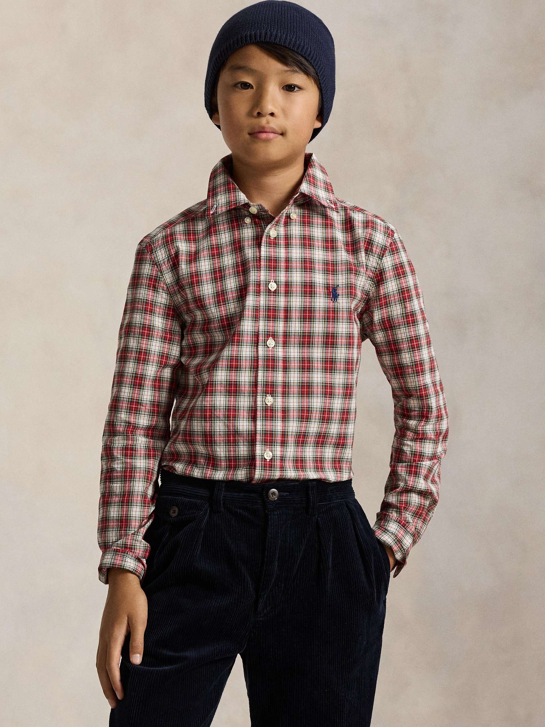 Kids' Cotton Long Sleeved Shirt, Red/Cream