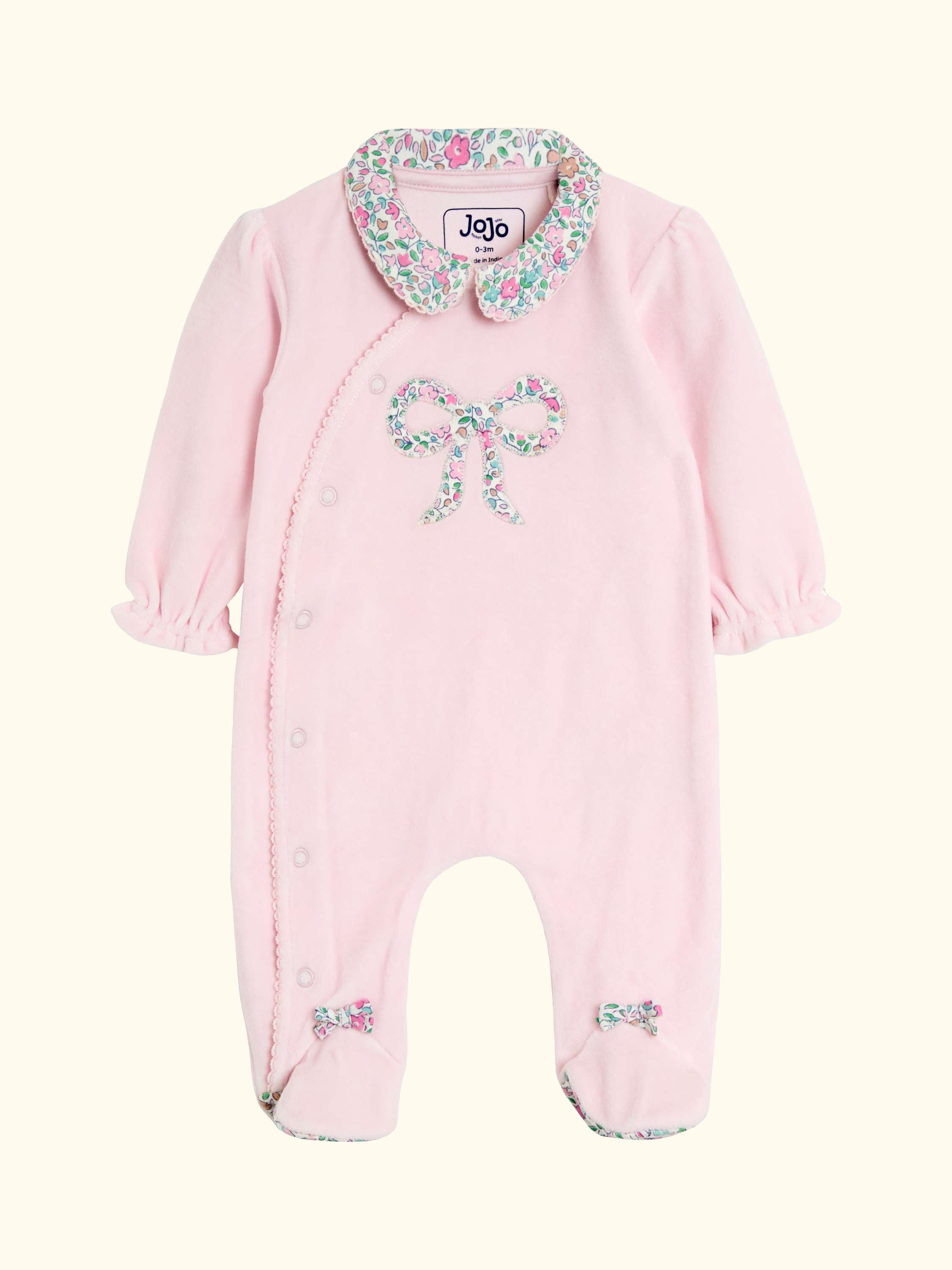 Baby Velour Appliqué Collared All-in One Sleepsuit, Pink, Newborn
