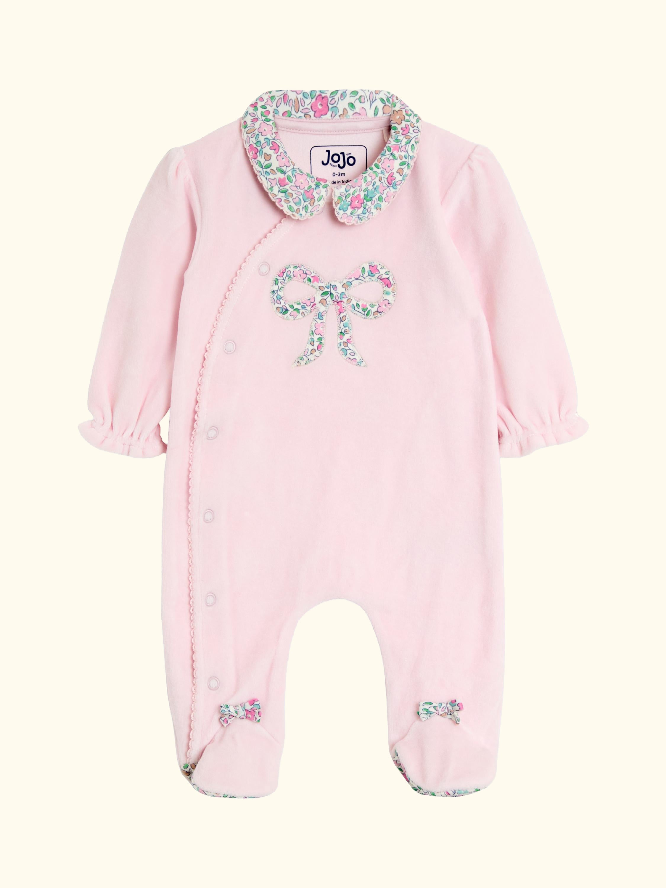 Baby Velour Appliqué Collared All-in One Sleepsuit, Pink, Newborn