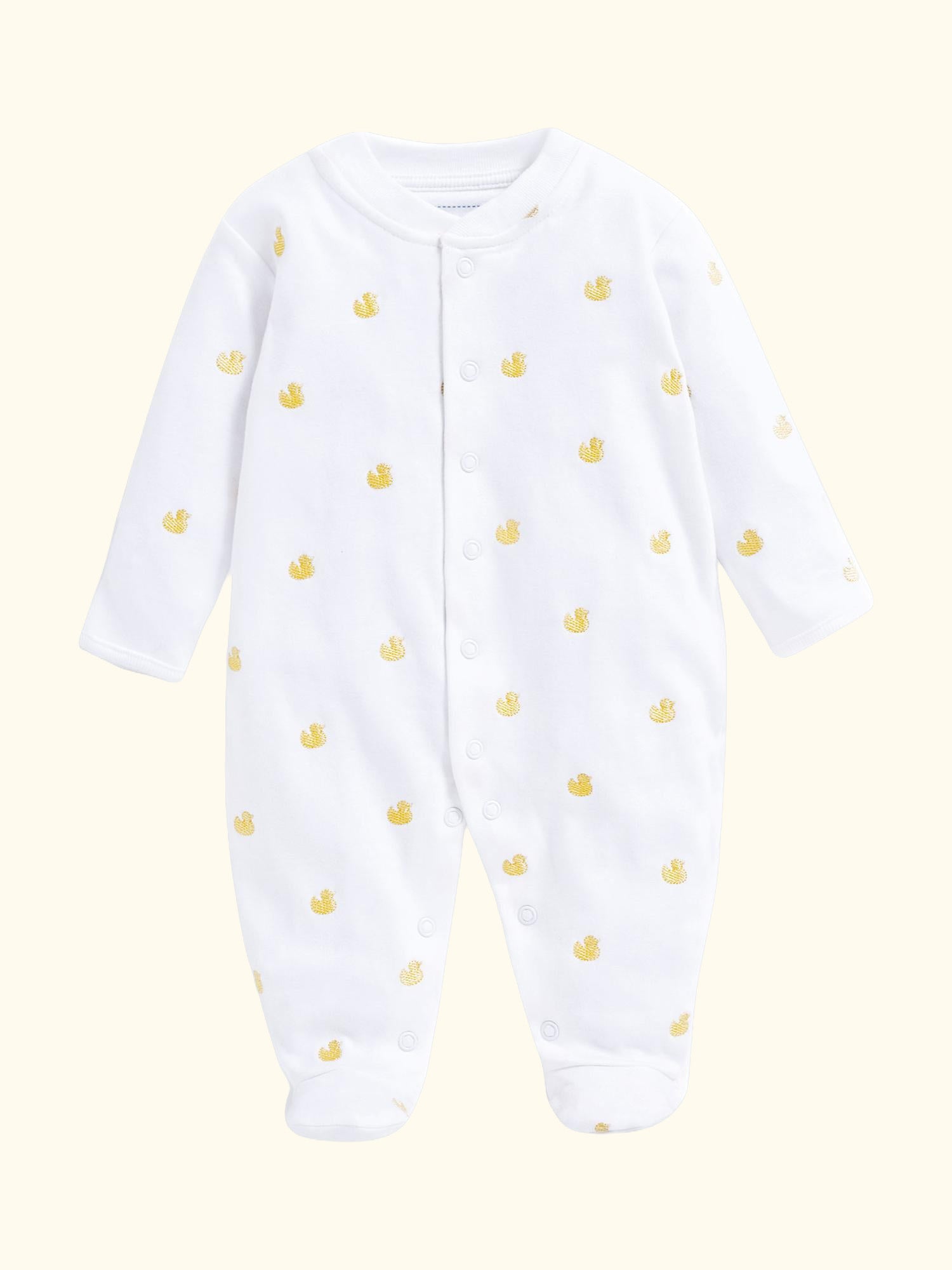 Baby Cotton Embroidered Duck Sleepsuit, Yellow, Newborn