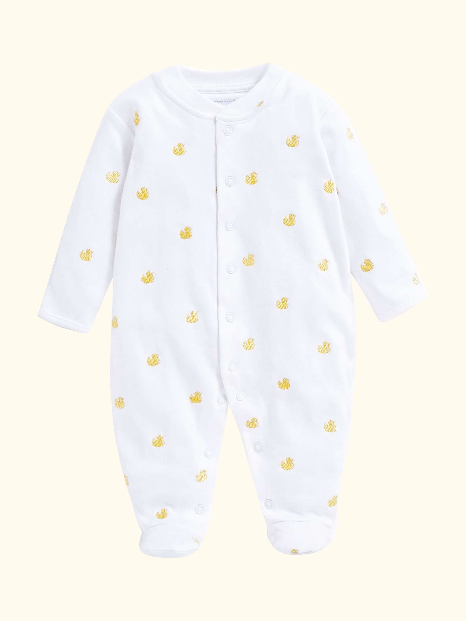 Baby Cotton Embroidered Duck Sleepsuit, Yellow, Newborn