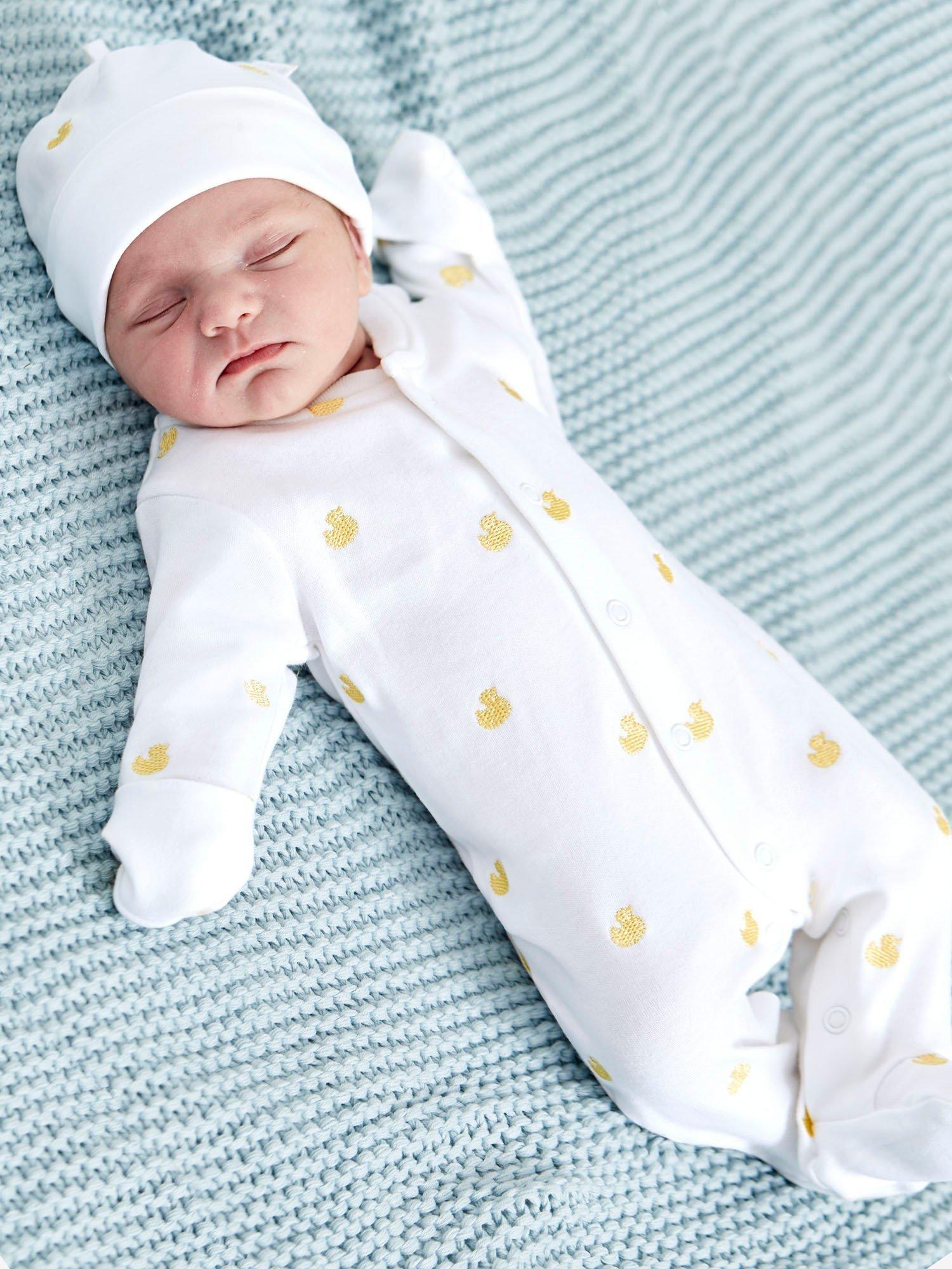 Baby Cotton Embroidered Duck Sleepsuit, Yellow, Newborn