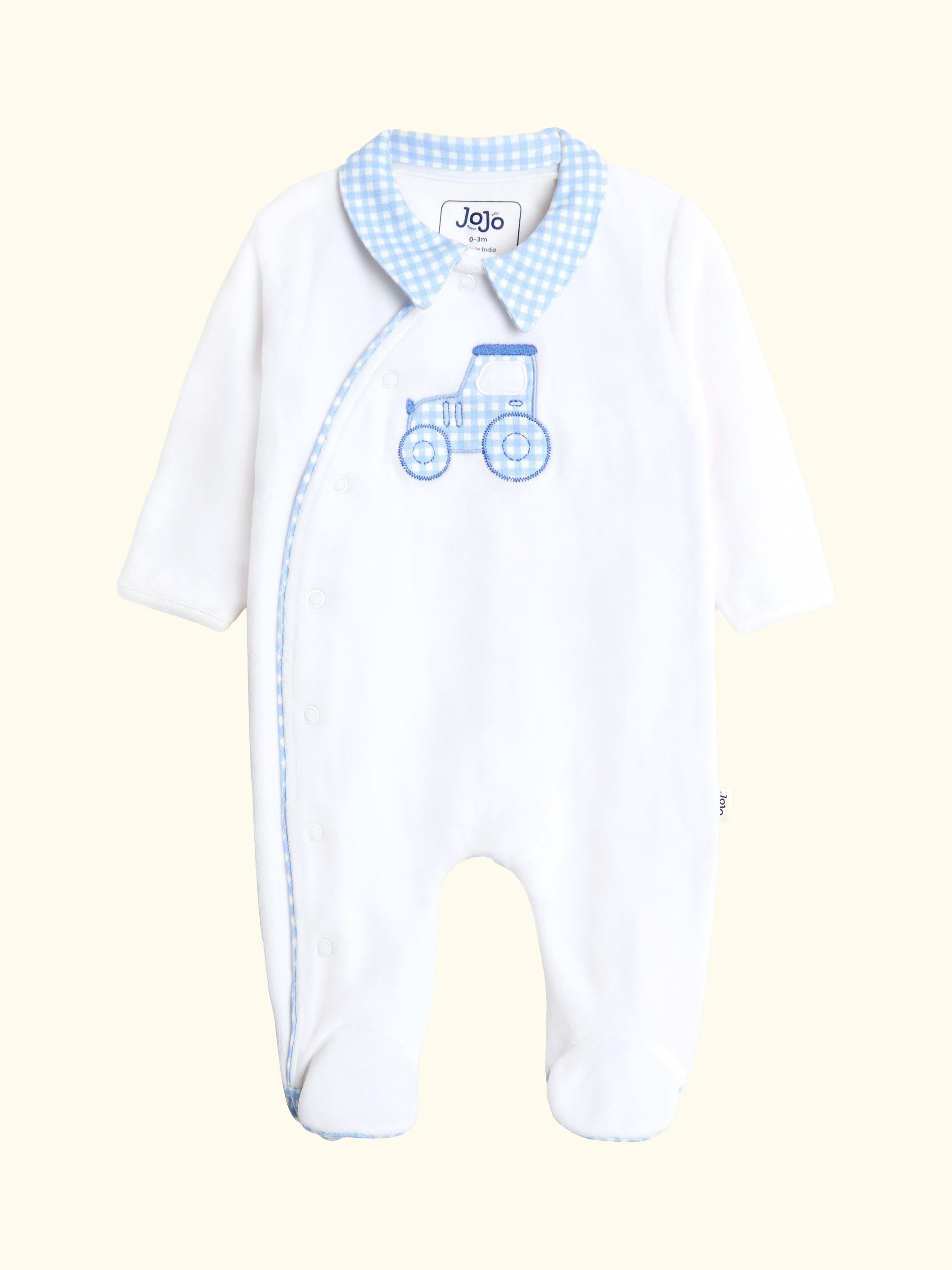 Baby Tractor Velour Appliqué Footed Romper, White, Newborn