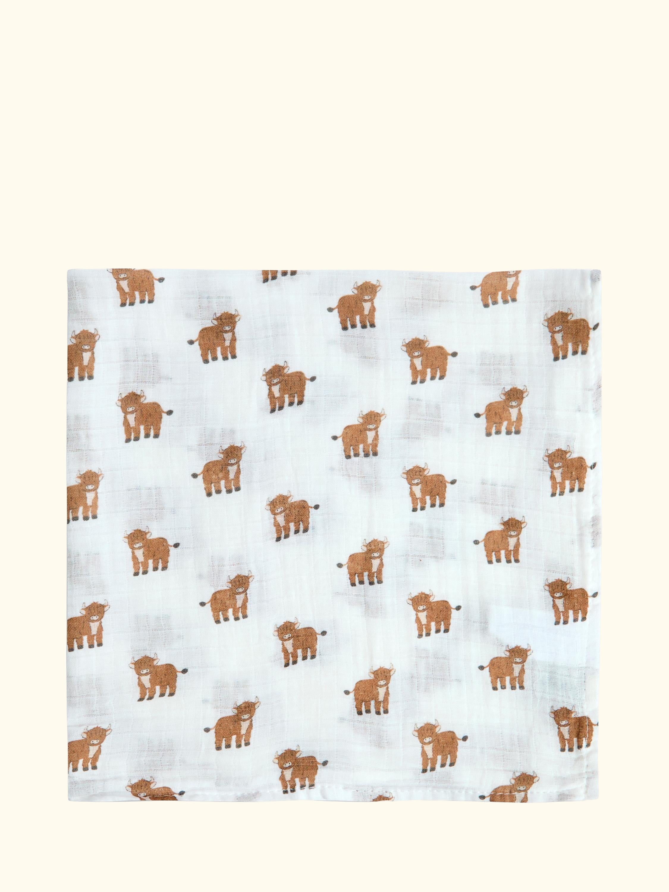Baby Highland Cow Embroidered Muslins, Pack of 5, Blue