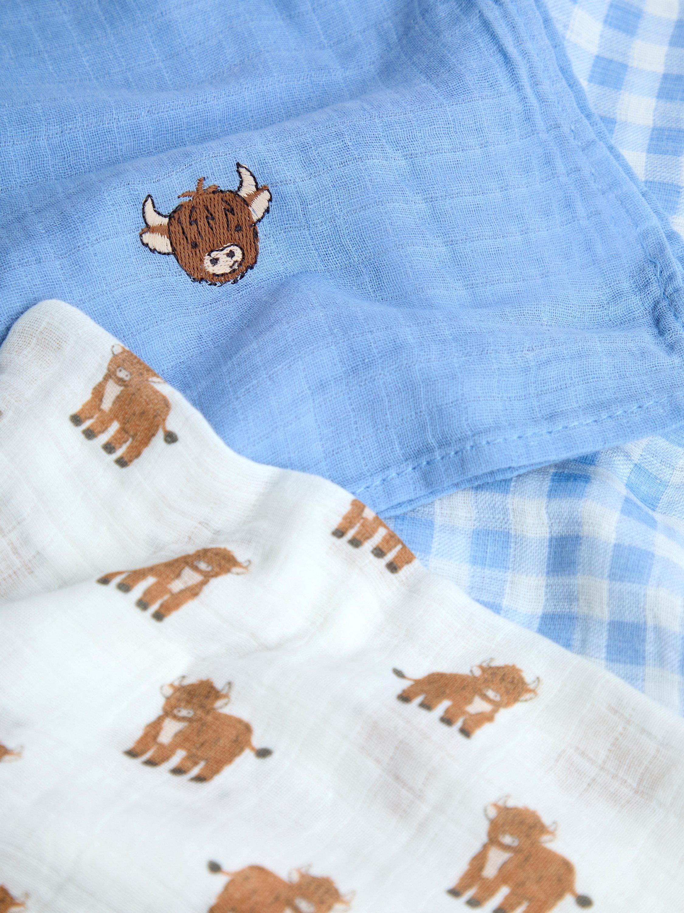 Baby Highland Cow Embroidered Muslins, Pack of 5, Blue