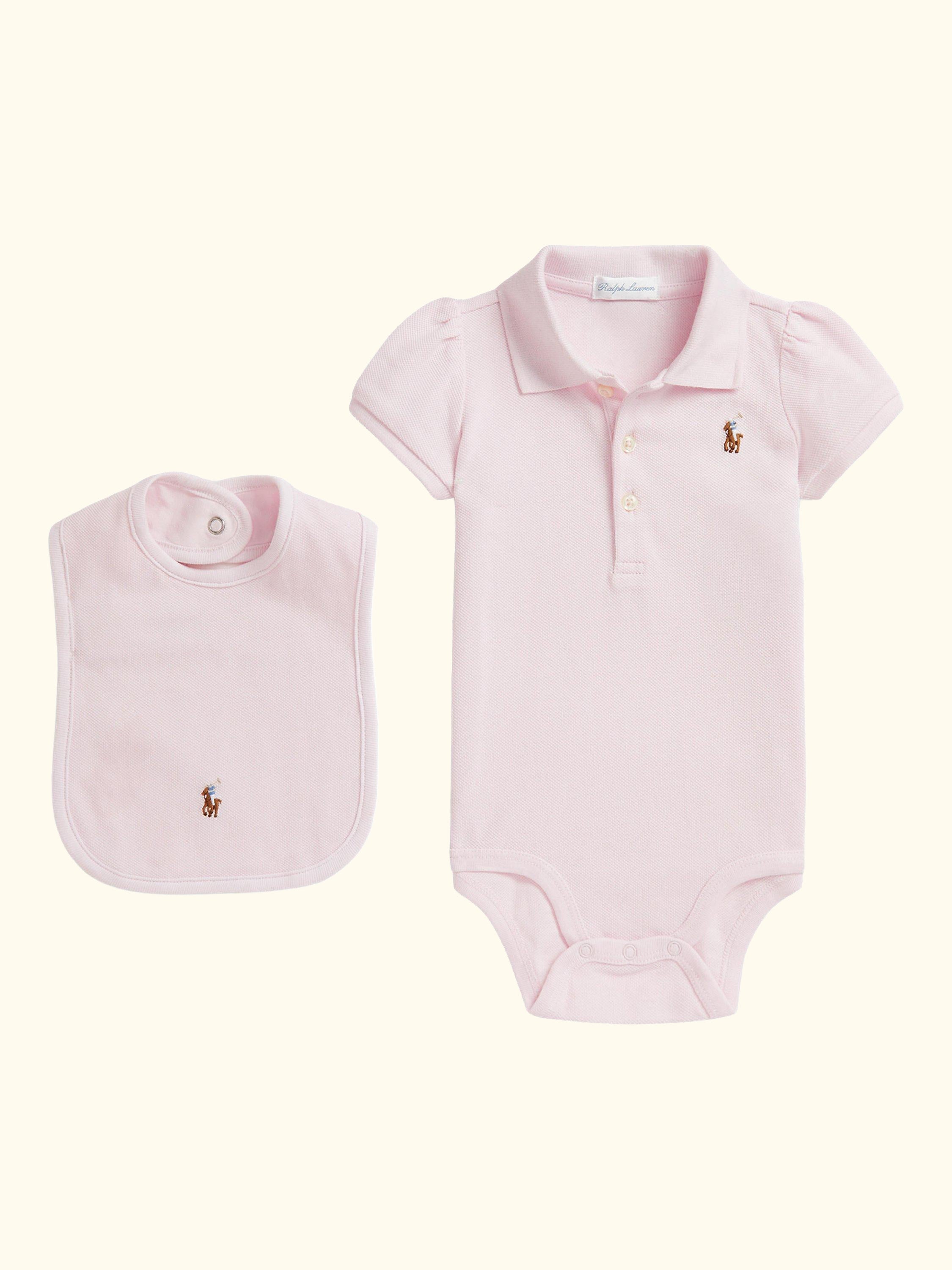 Baby Knitted Cotton 2 Piece Polo Horse Bodysuit and Bib Gift Set, Delicate Pink