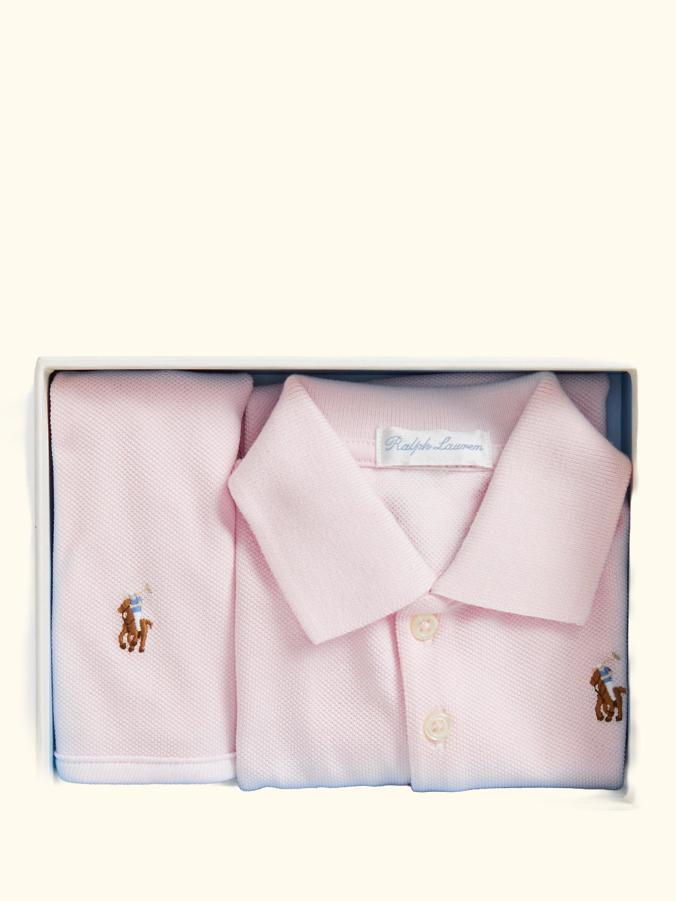 Baby Knitted Cotton 2 Piece Polo Horse Bodysuit and Bib Gift Set, Delicate Pink