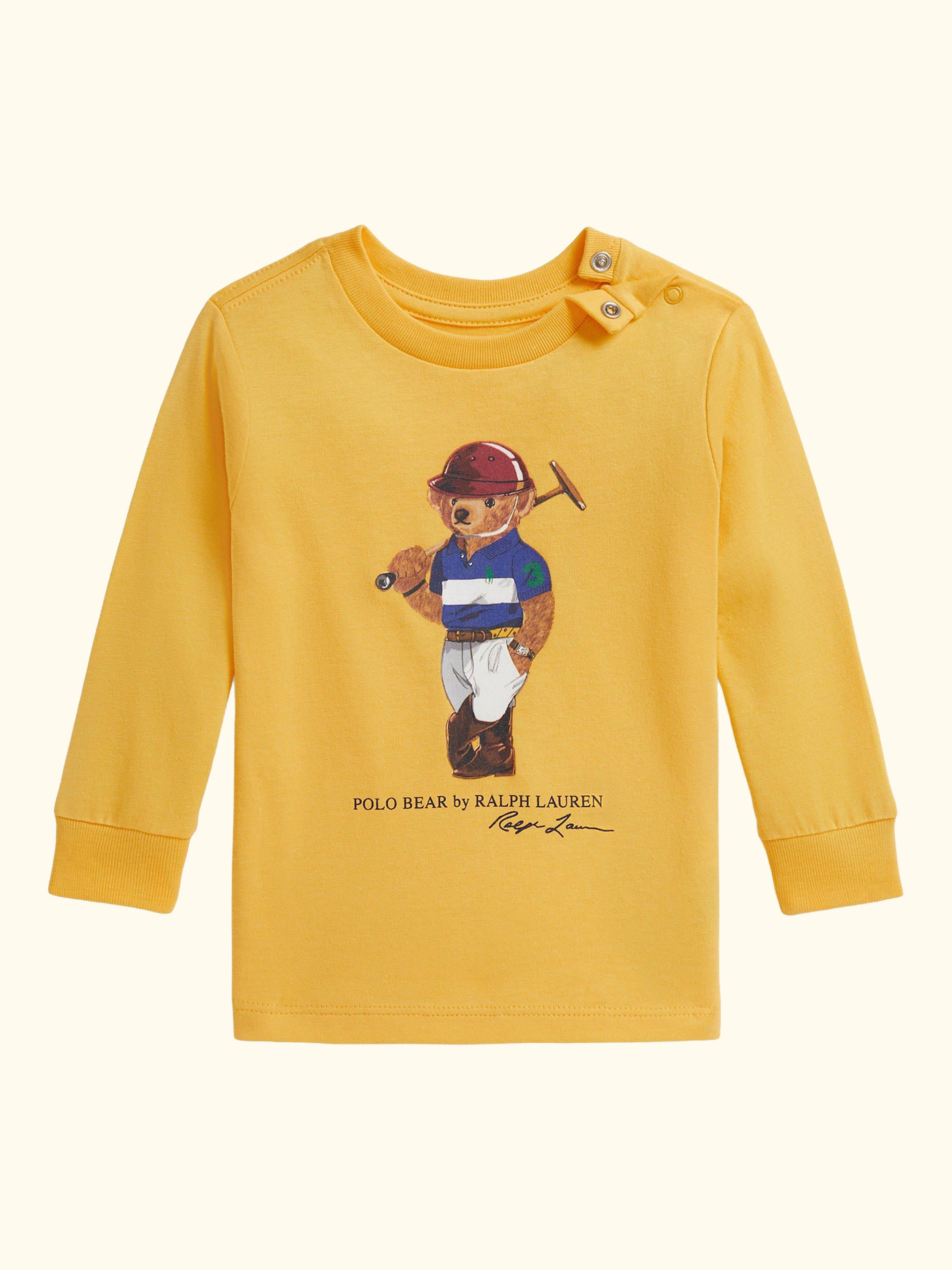 Baby Cotton Long Sleeved Polo Bear T-Shirt, Chrome Yellow