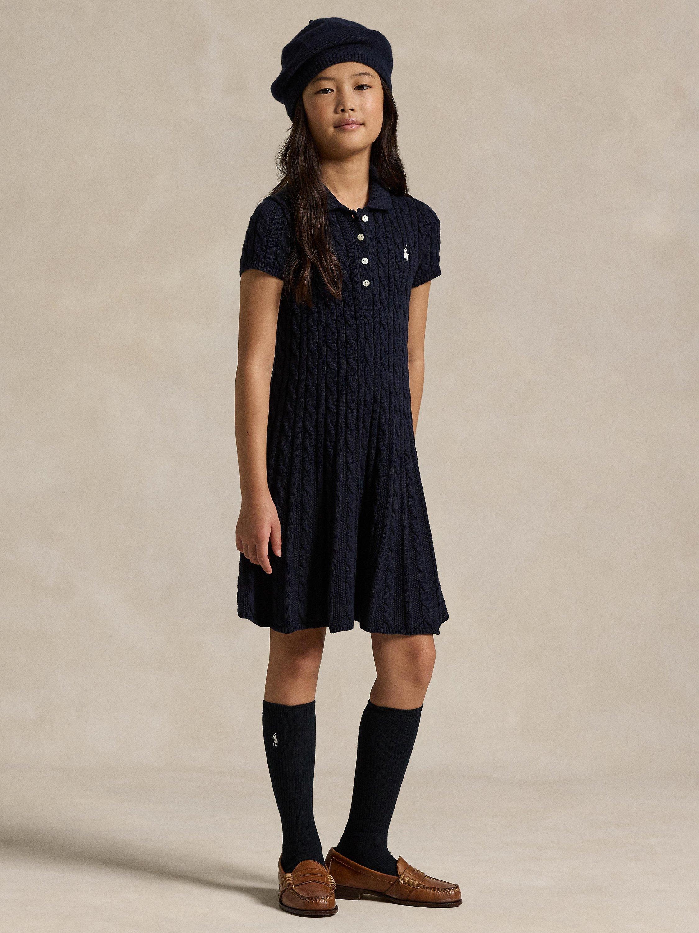 Kids' Cable Knit Cotton Polo Jumper Dress, Navy/Cream
