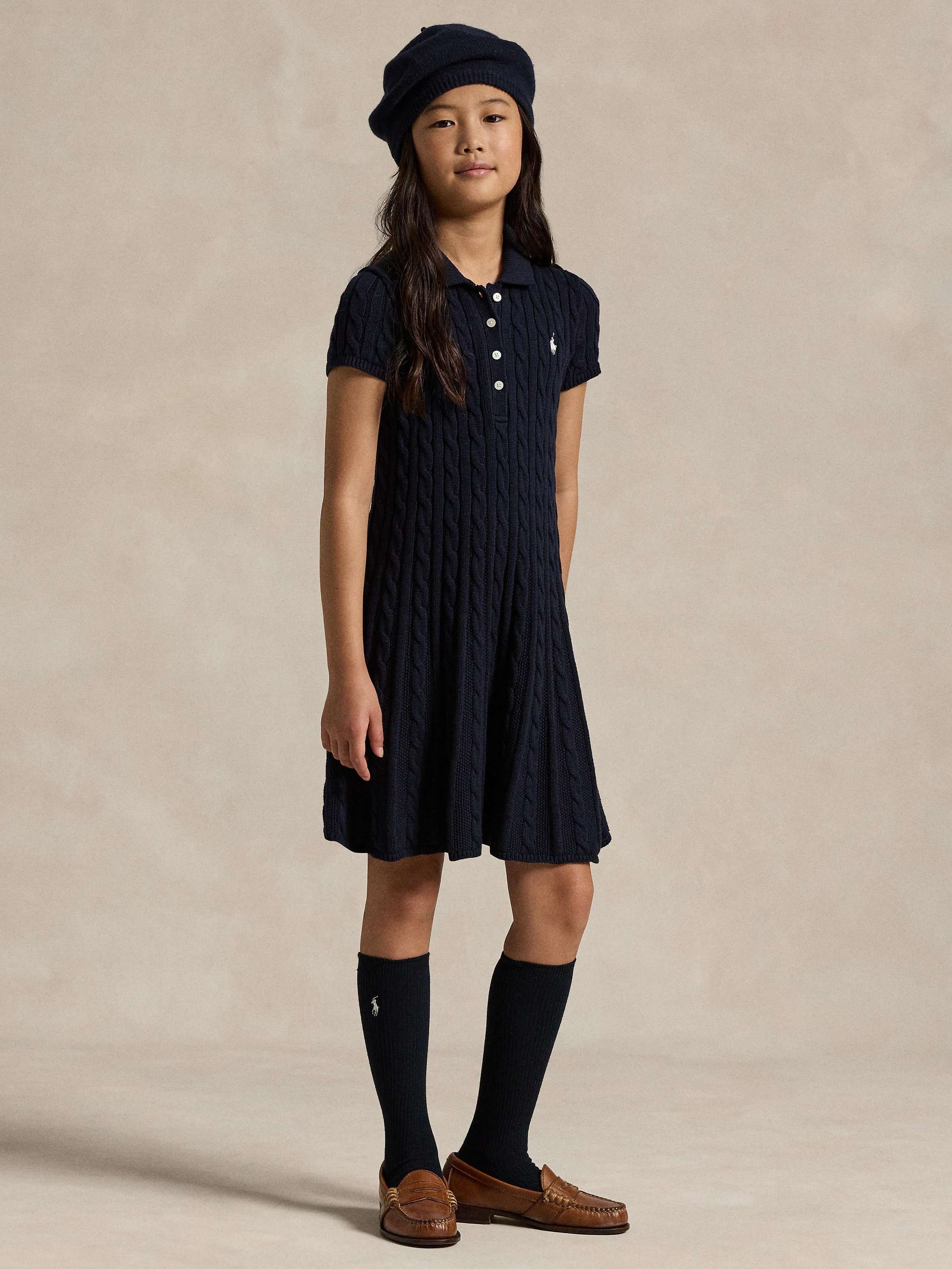 Kids' Cable Knit Cotton Polo Jumper Dress, Navy/Cream