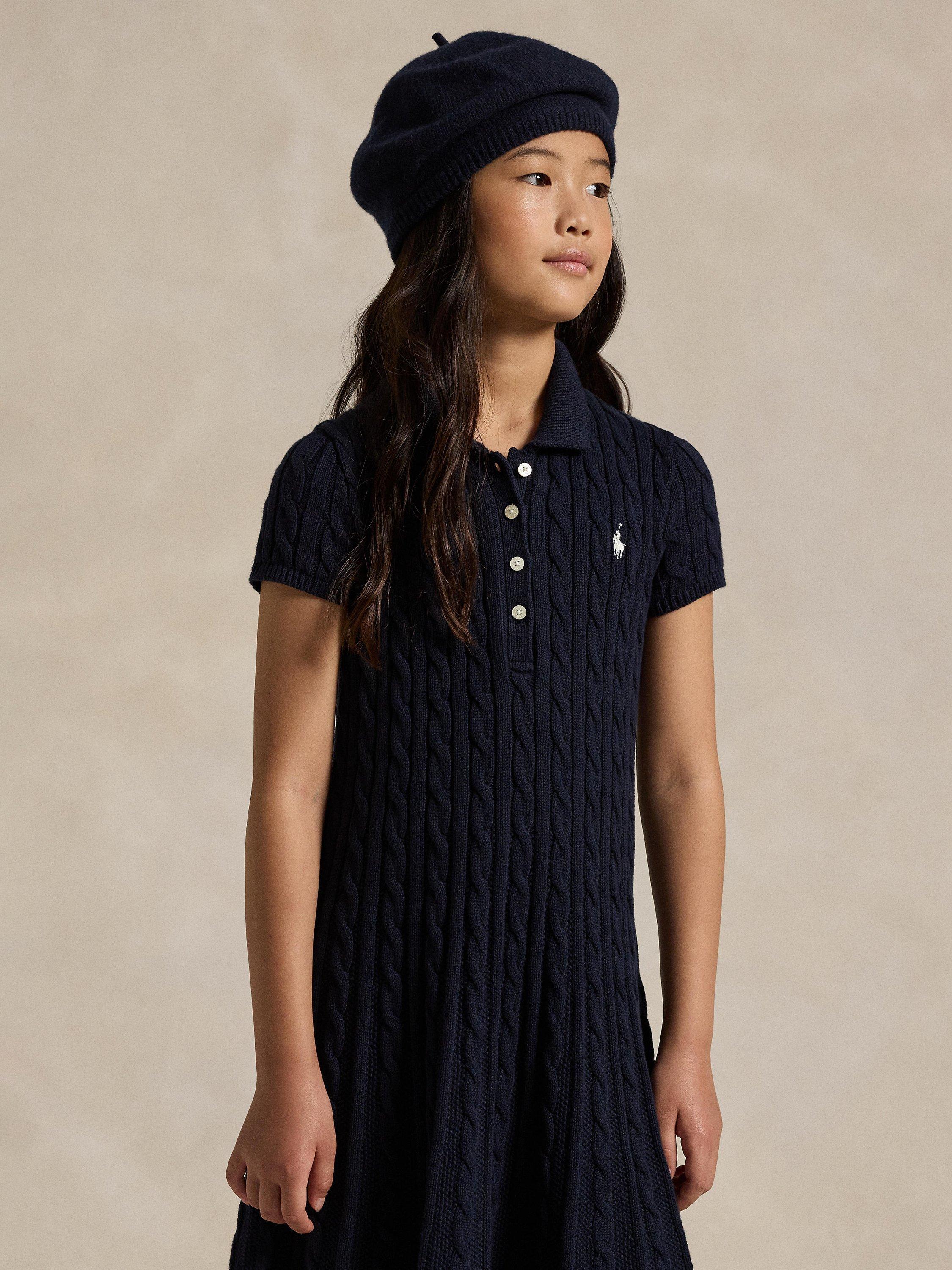 Kids' Cable Knit Cotton Polo Jumper Dress, Navy/Cream