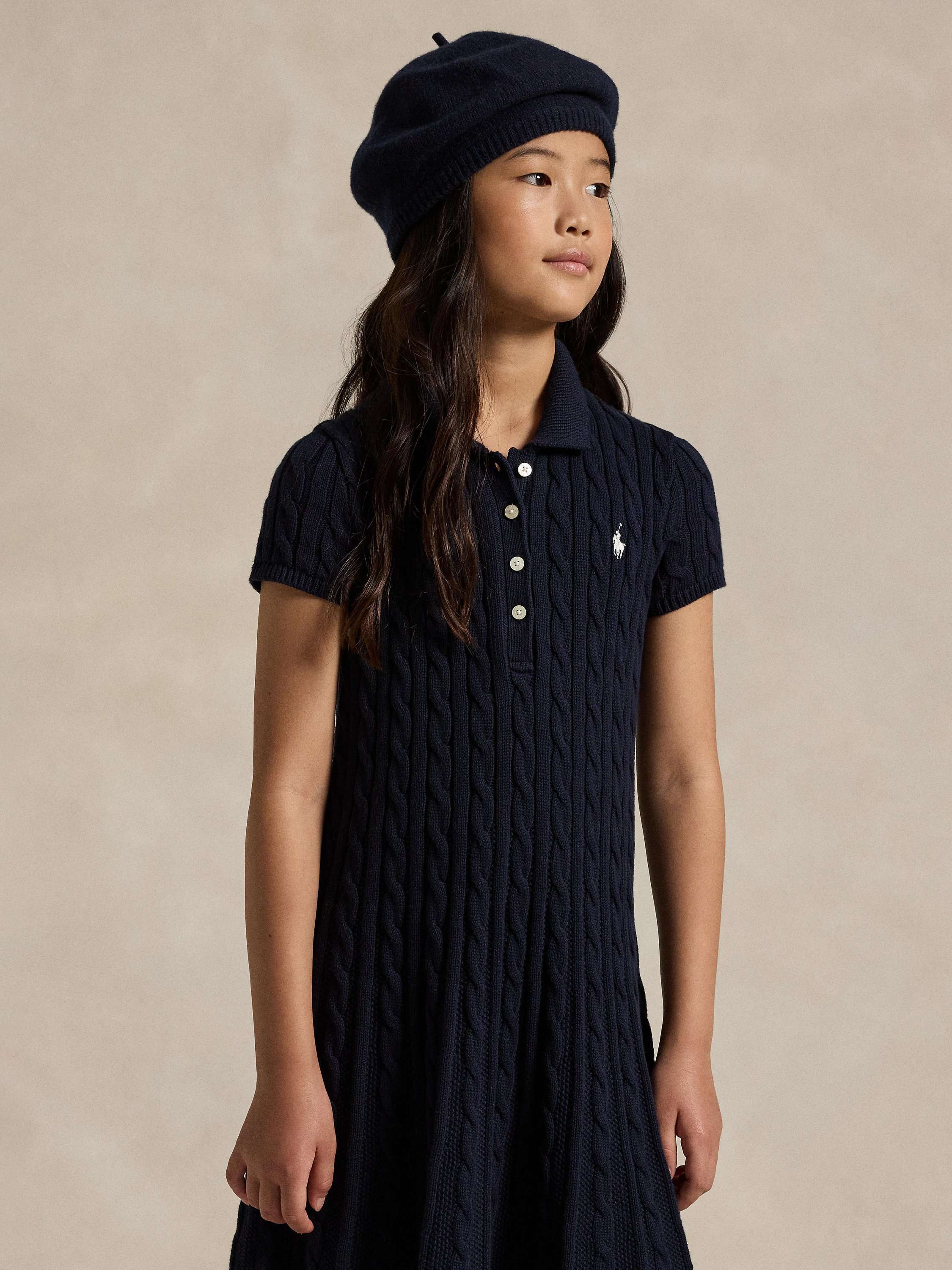Kids' Cable Knit Cotton Polo Jumper Dress, Navy/Cream